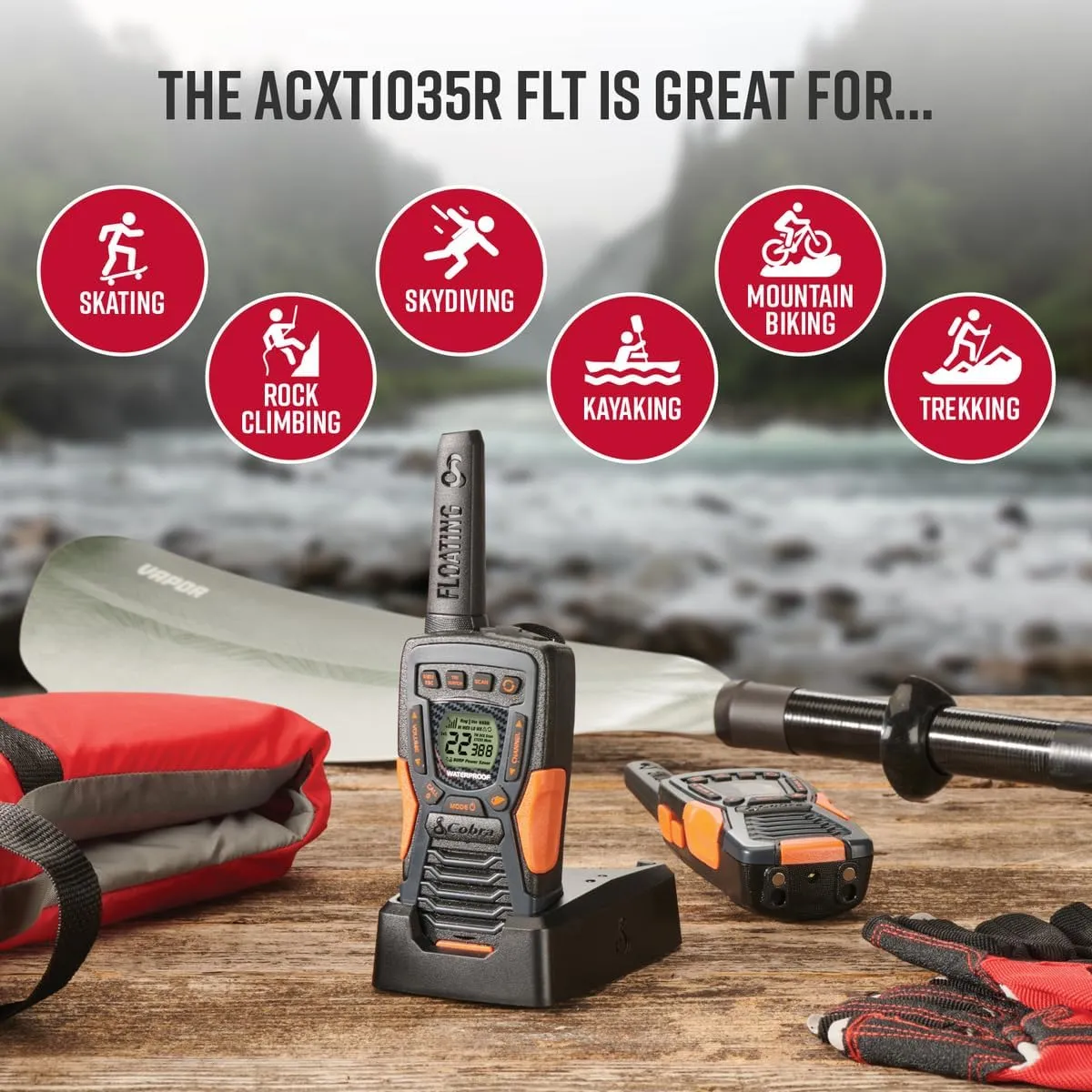 Cobra ACXT1035R FLT Floating Walkie Talkies - Waterproof, Rechargeable, Long Range up to 37-Mile Two Way Radio with NOAA Weather Alert & VOX, (2 Pack)