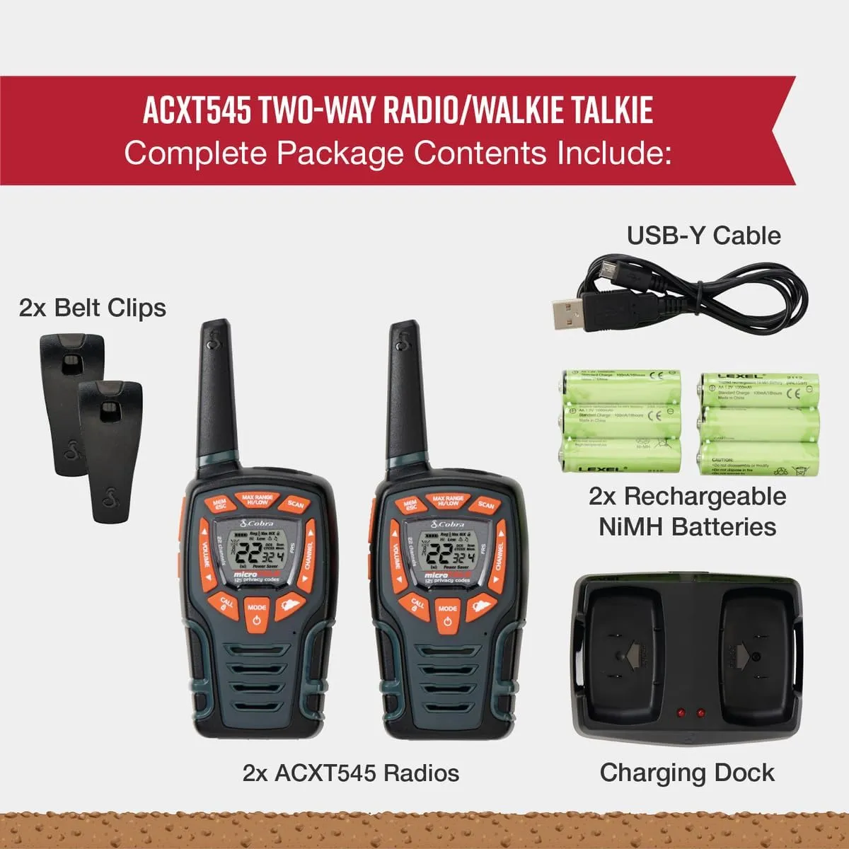 Cobra ACXT545 Weather-Resistant Walkie Talkies - Rechargeable, 22 Channels, Long Range 28-Mile Two-Way Radio Set (2-Pack)