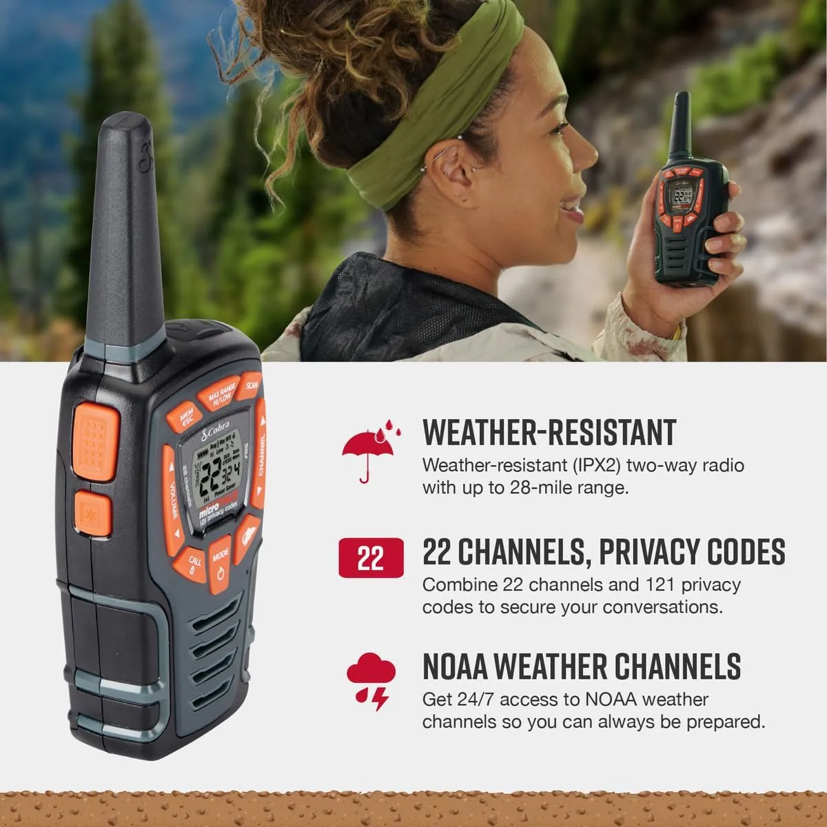 Cobra ACXT545 Weather-Resistant Walkie Talkies - Rechargeable, 22 Channels, Long Range 28-Mile Two-Way Radio Set (2-Pack)