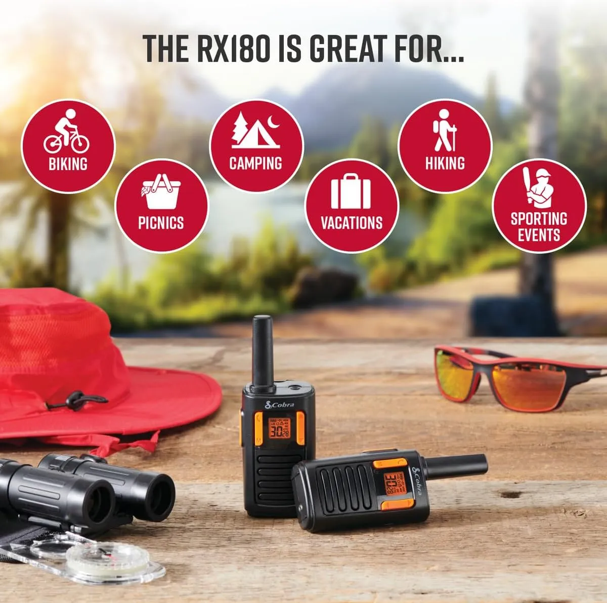 Cobra RX180 Walkie Talkies – 18-Mile Long Range Signal, 22 Preset Channels, NOAA Weather Alerts, 10 Call Tones, Voice-Activated, Compact and Reliable, 2-Pack, Orange/Black