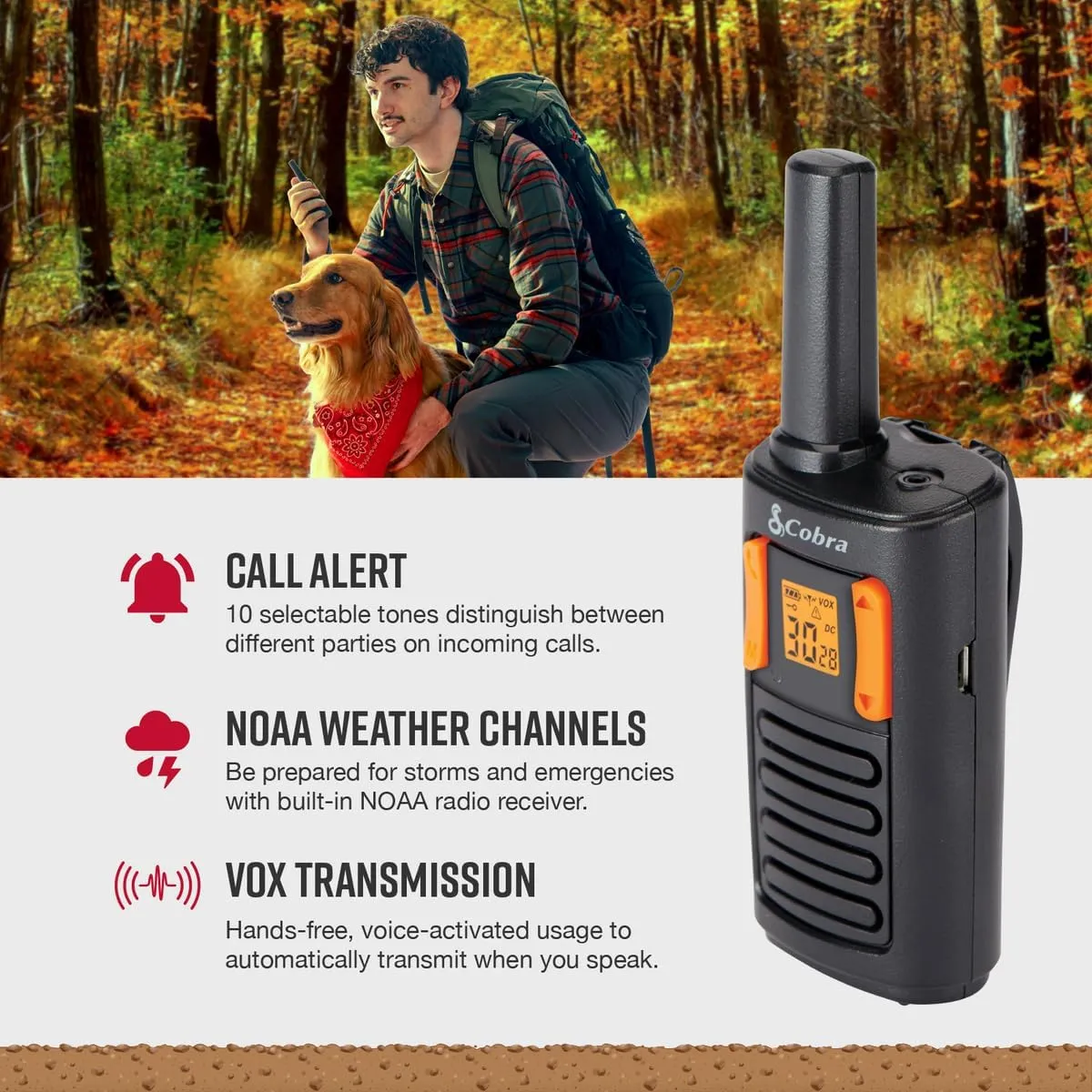 Cobra RX180 Walkie Talkies – 18-Mile Long Range Signal, 22 Preset Channels, NOAA Weather Alerts, 10 Call Tones, Voice-Activated, Compact and Reliable, 2-Pack, Orange/Black