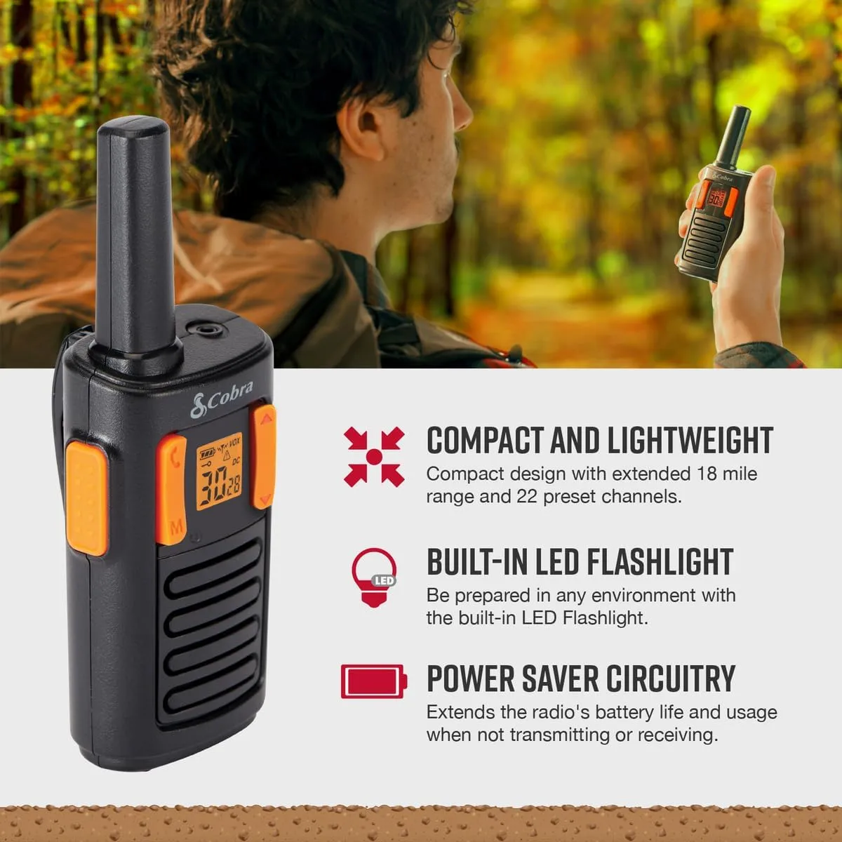 Cobra RX180 Walkie Talkies – 18-Mile Long Range Signal, 22 Preset Channels, NOAA Weather Alerts, 10 Call Tones, Voice-Activated, Compact and Reliable, 2-Pack, Orange/Black