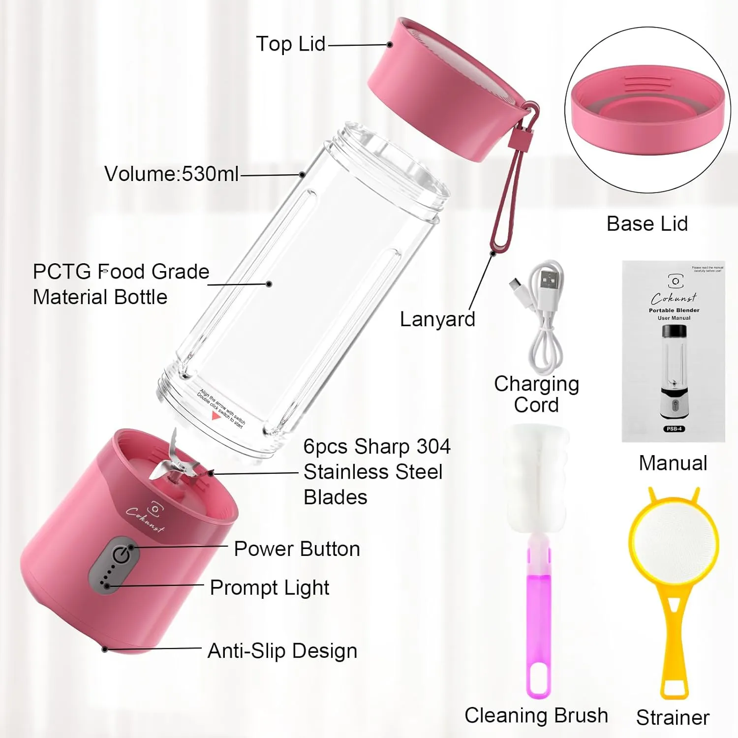 COKUNST 18oz Portable Blender, USB Rechargeable Personal Size Blenders, Smoothie Blender with 6 Blades for Protein & Shakes, Mini juicer with Extra Handle Lid for Travel Sports Outgoing-Pink