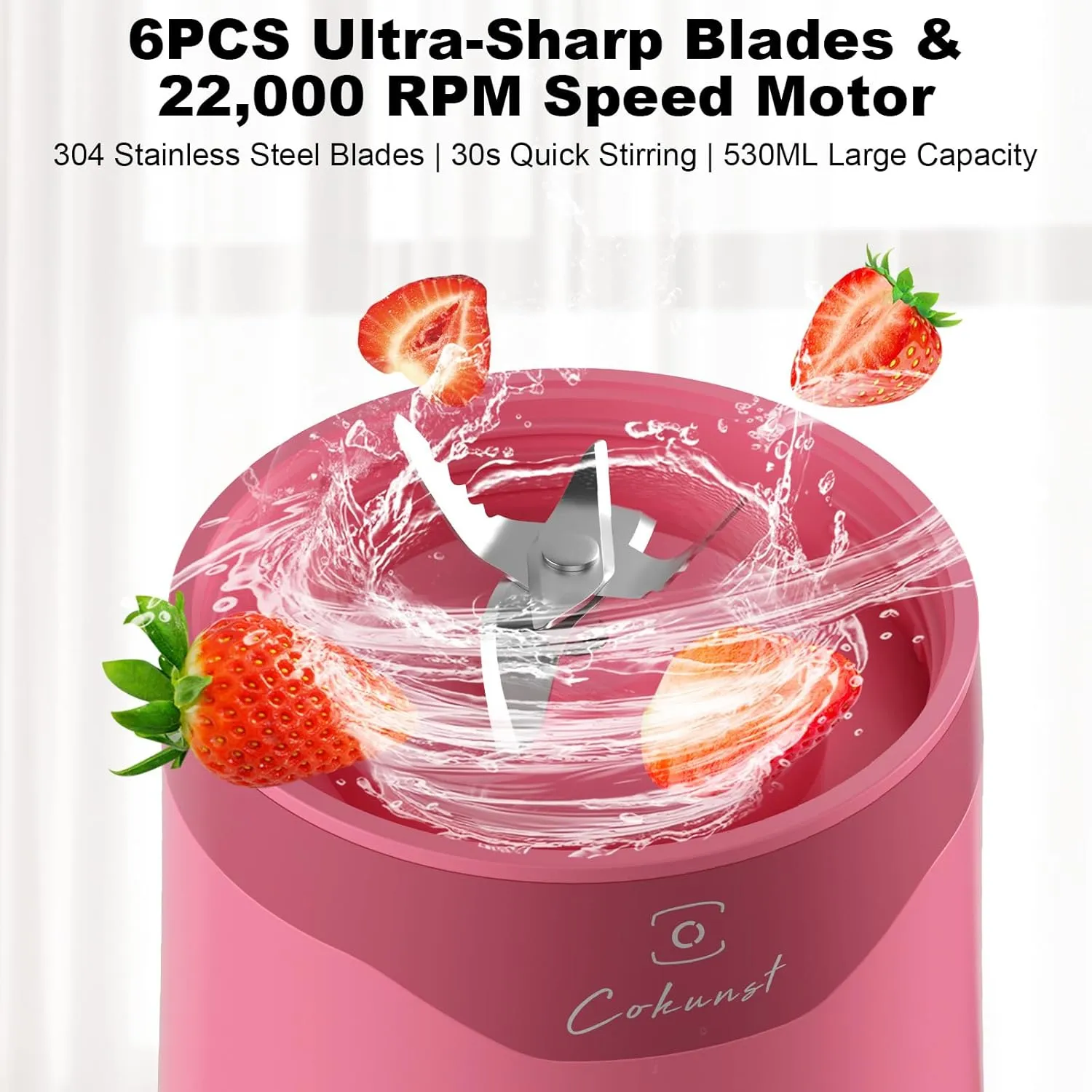 COKUNST 18oz Portable Blender, USB Rechargeable Personal Size Blenders, Smoothie Blender with 6 Blades for Protein & Shakes, Mini juicer with Extra Handle Lid for Travel Sports Outgoing-Pink
