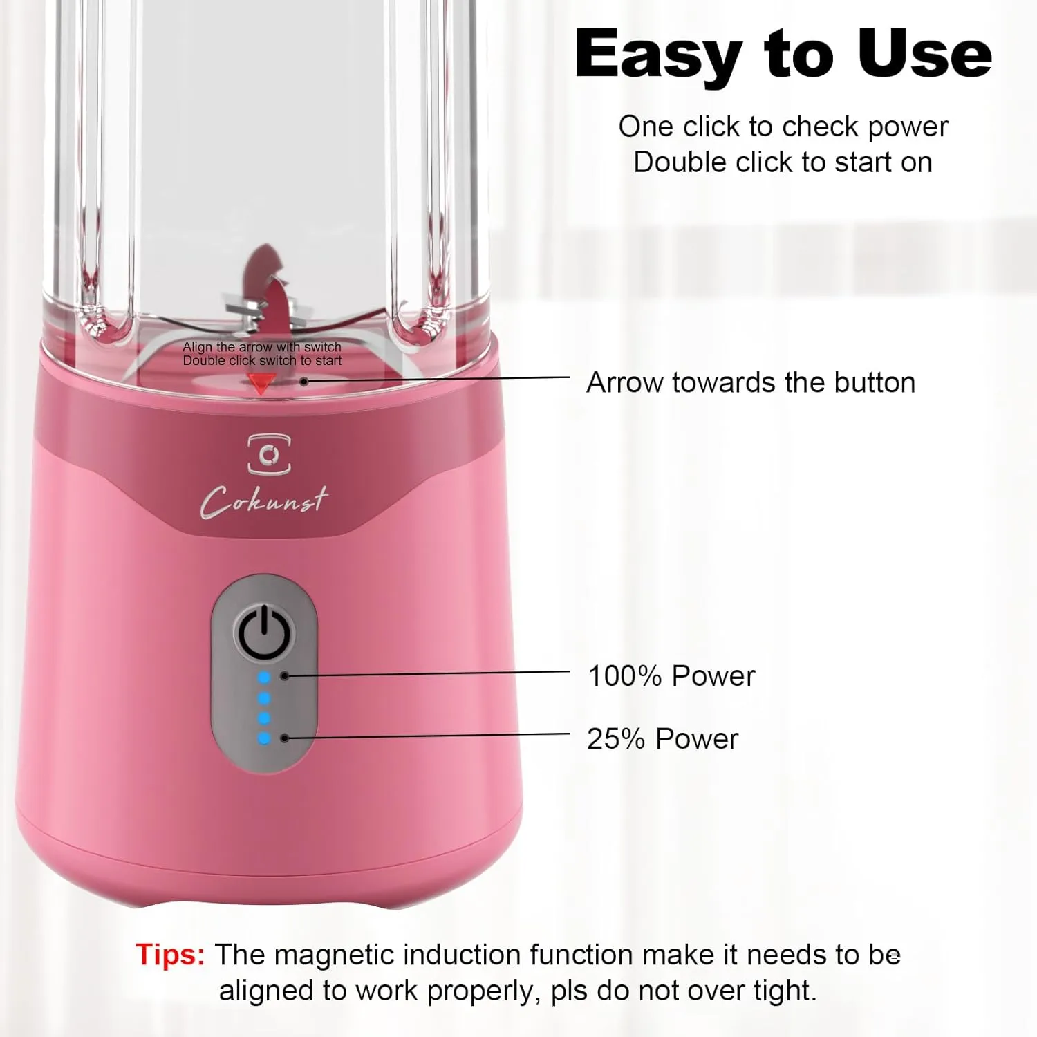 COKUNST 18oz Portable Blender, USB Rechargeable Personal Size Blenders, Smoothie Blender with 6 Blades for Protein & Shakes, Mini juicer with Extra Handle Lid for Travel Sports Outgoing-Pink