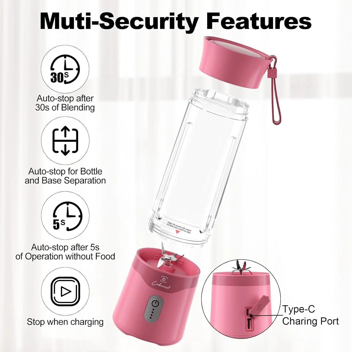 COKUNST 18oz Portable Blender, USB Rechargeable Personal Size Blenders, Smoothie Blender with 6 Blades for Protein & Shakes, Mini juicer with Extra Handle Lid for Travel Sports Outgoing-Pink