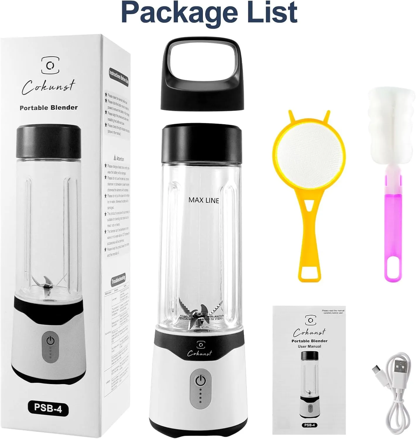 COKUNST 18oz Portable Blender with 6 Blades for Protein & Shakes, USB Rechargeable Juices Mixer, Small Blender with Extra Handle Lid for Travel Sports Outgoing-Black