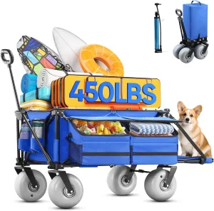 Collapsible Beach Wagon with Big Wheels for Sand, 260L Extra Large Beach Cart with 9" All-Terrain Wheels, Utility Wagon Cart Foldable with Adjustable Handle, 450lb Capacity for Outdoor Garden
