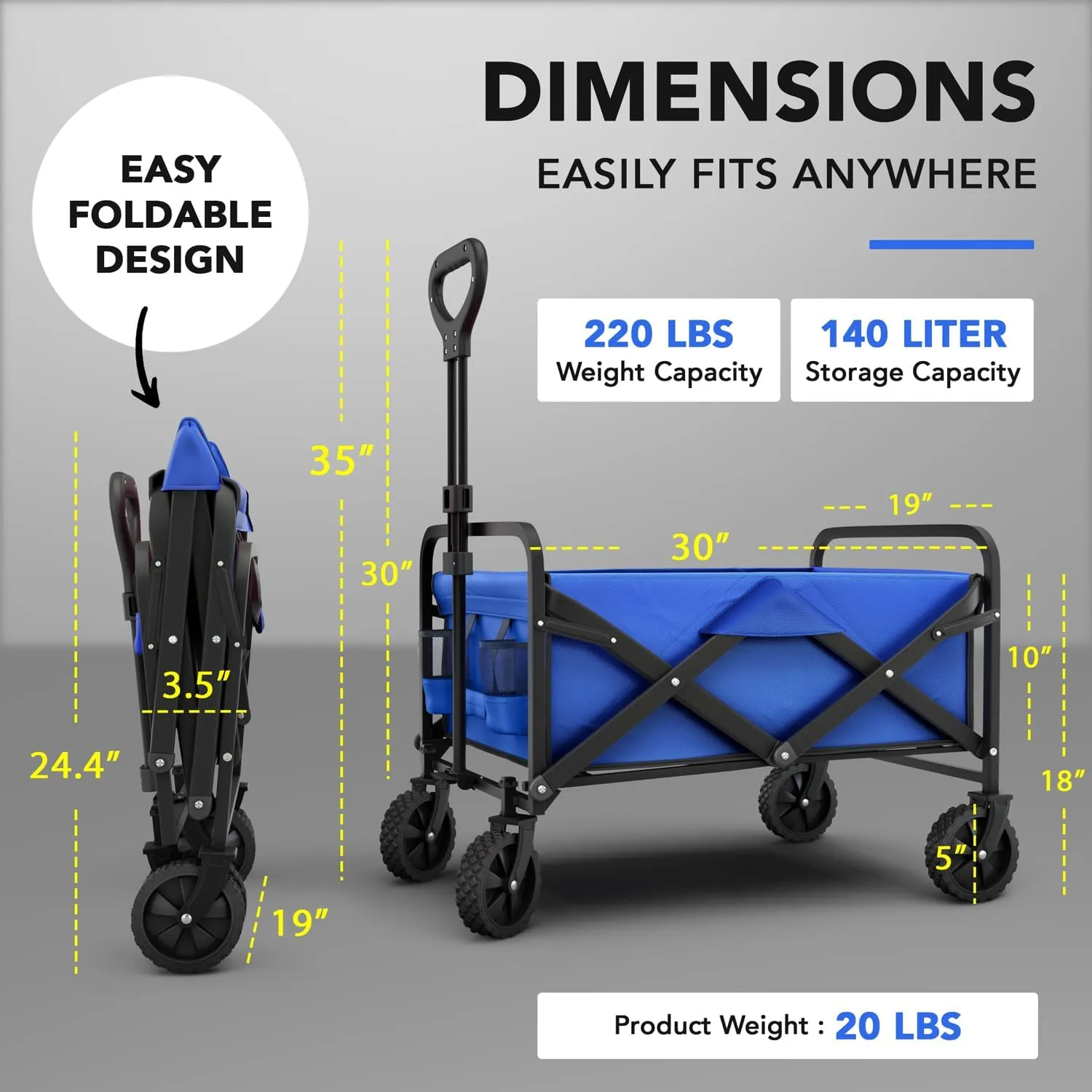 Collapsible Foldable Heavy Duty Utility Wagon Cart with Larger Capacity - Perfect for Shopping, Sports Events, Grocery, Moving, Camping, Laundry, Beach - Blue