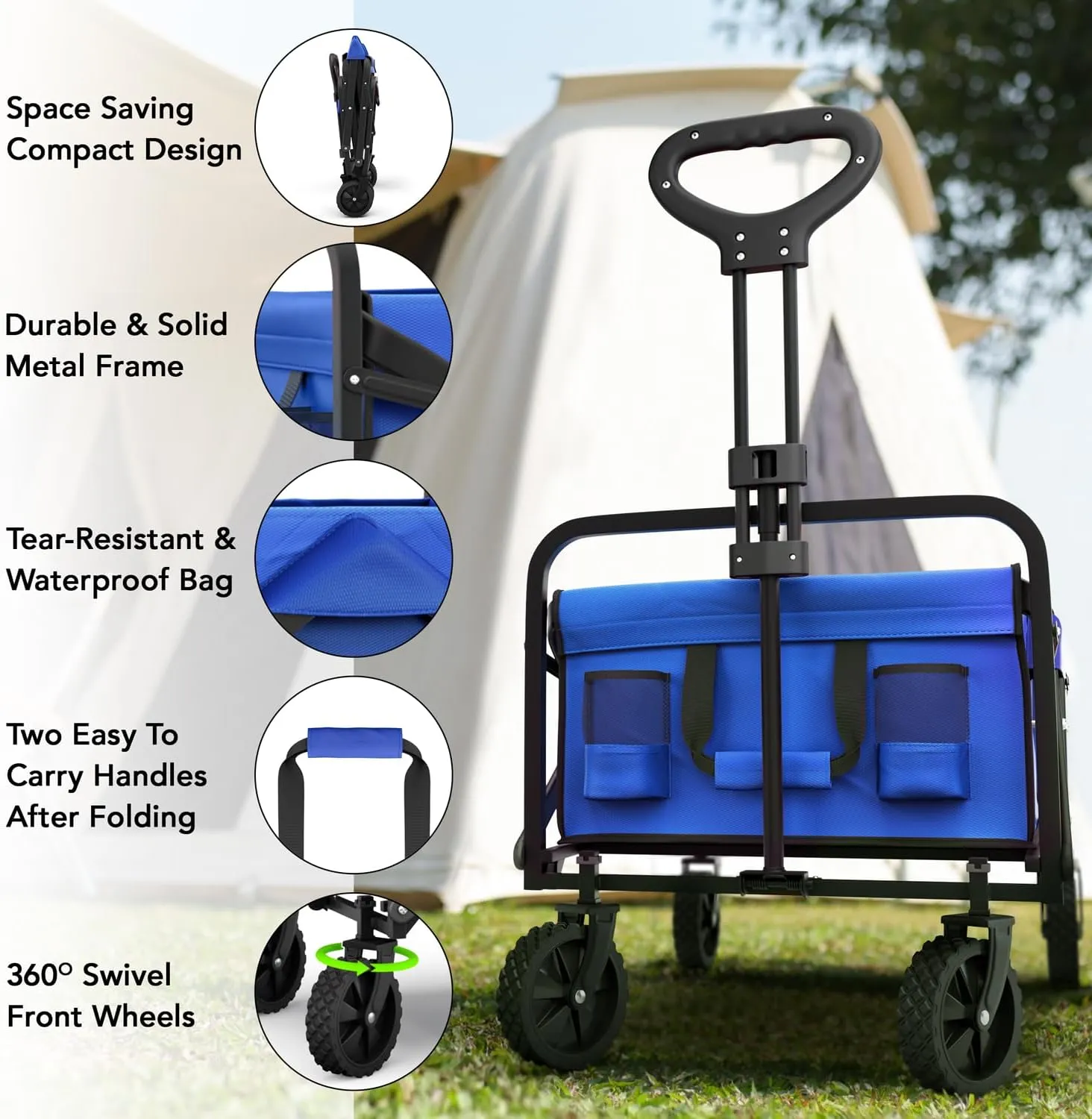 Collapsible Foldable Heavy Duty Utility Wagon Cart with Larger Capacity - Perfect for Shopping, Sports Events, Grocery, Moving, Camping, Laundry, Beach - Blue