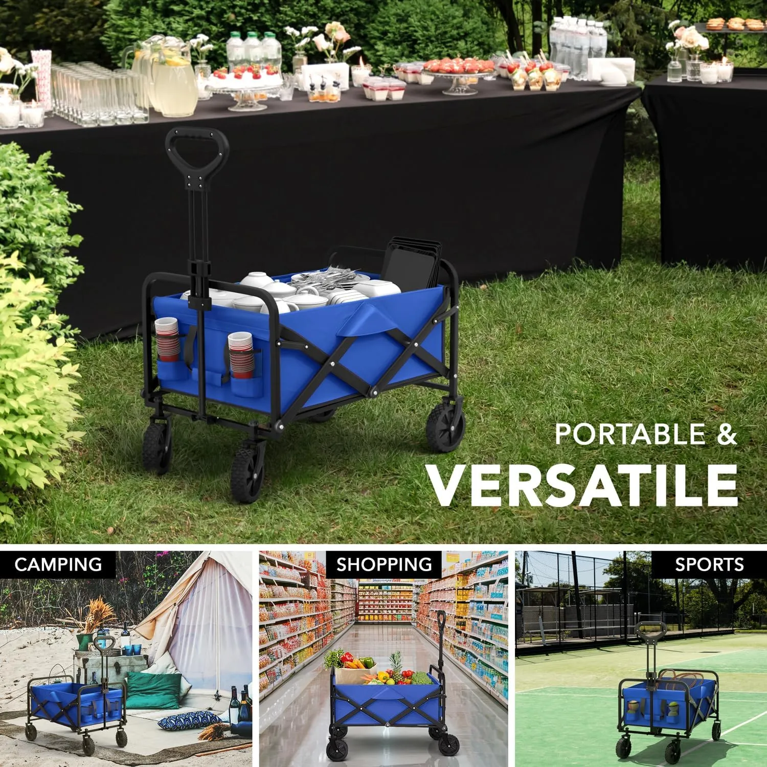 Collapsible Foldable Heavy Duty Utility Wagon Cart with Larger Capacity - Perfect for Shopping, Sports Events, Grocery, Moving, Camping, Laundry, Beach - Blue