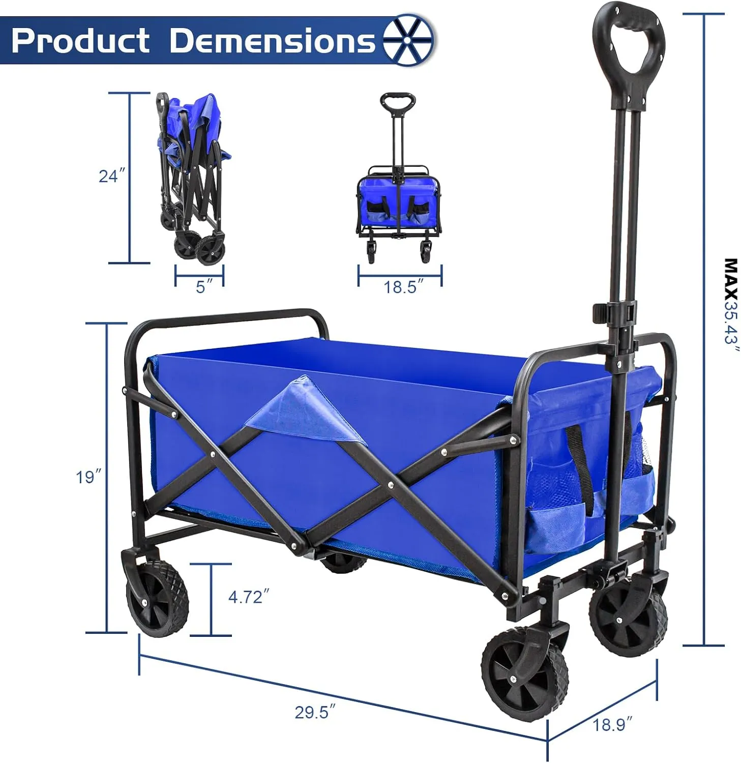 Collapsible Foldable Wagon, Beach & Utility Folding Grocery Cart for Camping, Sports & Outdoor Activities (Blue)