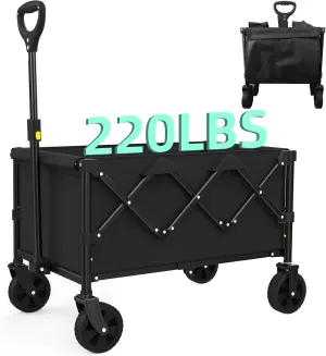 Collapsible Folding Outdoor Utility Wagon, Beach Wagon Cart with All Terrain Wheels, Foldable Grocery Wagon for Camping Garden Shopping Sports, Black/1 Year Warranty