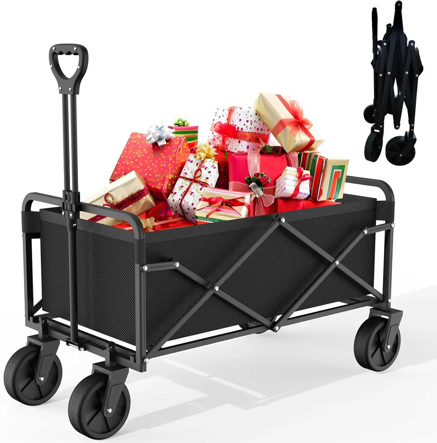 Collapsible Folding Utility Wagon, Foldable Cart with Wheels, Grocery Cart, Apartment and Garden Trolley for Shopping and Beach Outdoor Use