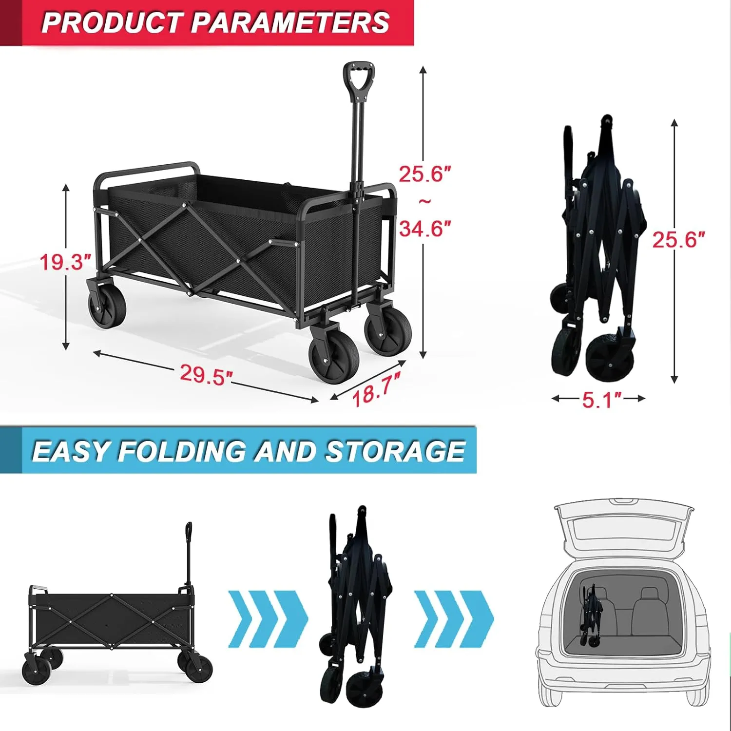 Collapsible Folding Utility Wagon, Foldable Cart with Wheels, Grocery Cart, Apartment and Garden Trolley for Shopping and Beach Outdoor Use