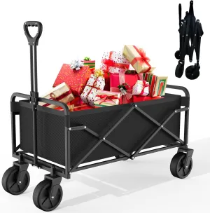 Collapsible Folding Utility Wagon, Foldable Cart with Wheels, Grocery Cart, Apartment and Garden Trolley for Shopping and Beach Outdoor Use