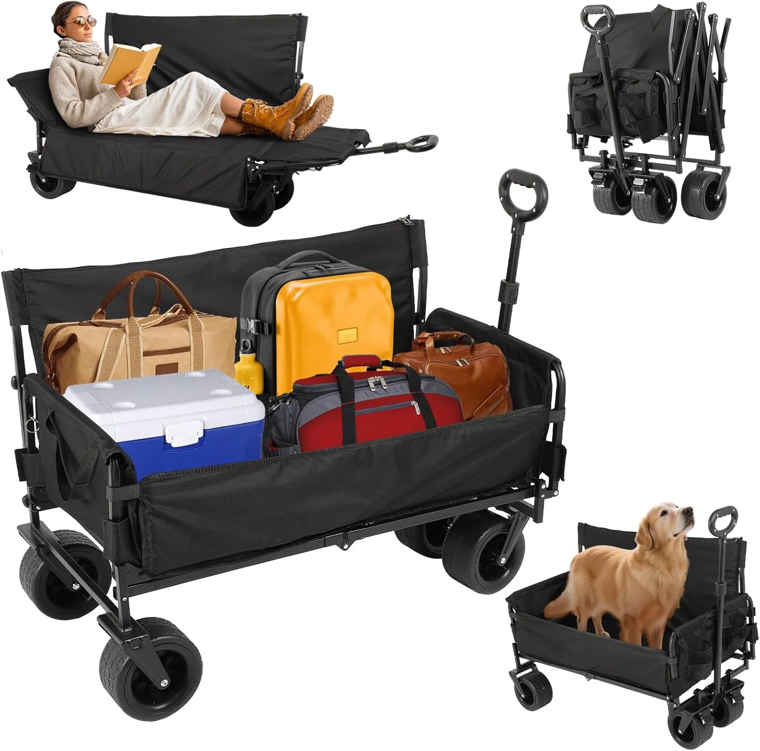 Collapsible Folding Wagon, 440LBS Heavy Duty Utility Carts,Reclining Camper, Expandable Storage, Padded and Wheeled, All Terrain Wheels, Great for Camping, Outdoors, Shopping, Portable