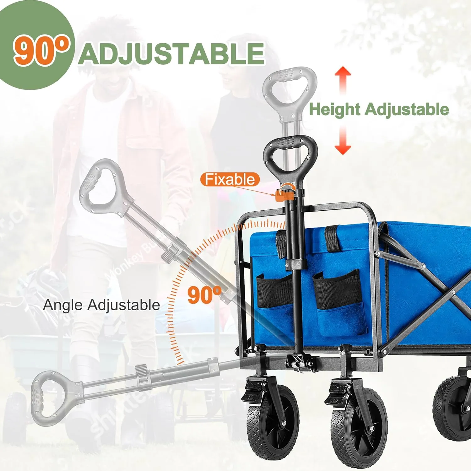 Collapsible Folding Wagon Cart with All-Terrain Wheels, Foldable Utility Cart with Adjustable Handle, Portable Grocery Shopping Cart on Wheels for Beach, Garden, Camping, Sports, Large Light Blue