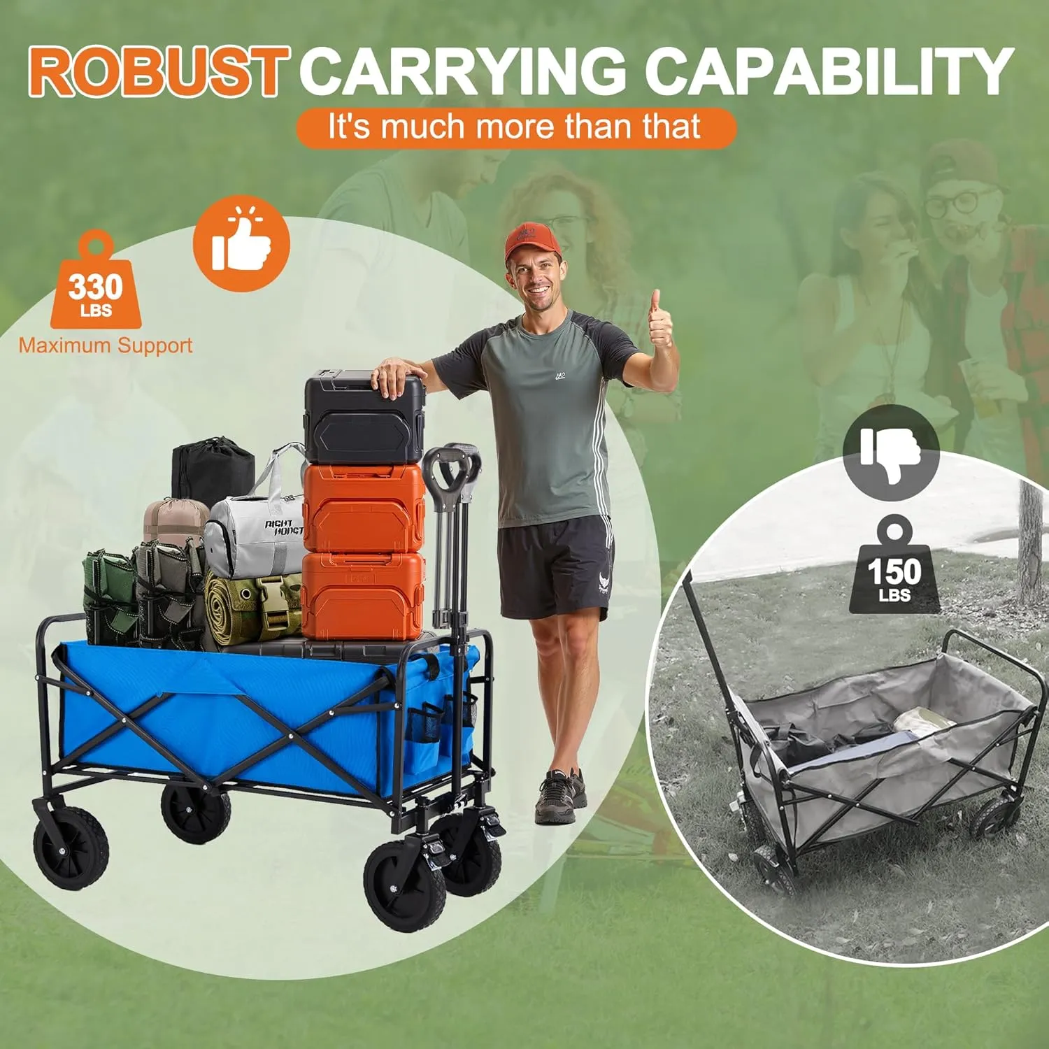 Collapsible Folding Wagon Cart with All-Terrain Wheels, Foldable Utility Cart with Adjustable Handle, Portable Grocery Shopping Cart on Wheels for Beach, Garden, Camping, Sports, Large Light Blue