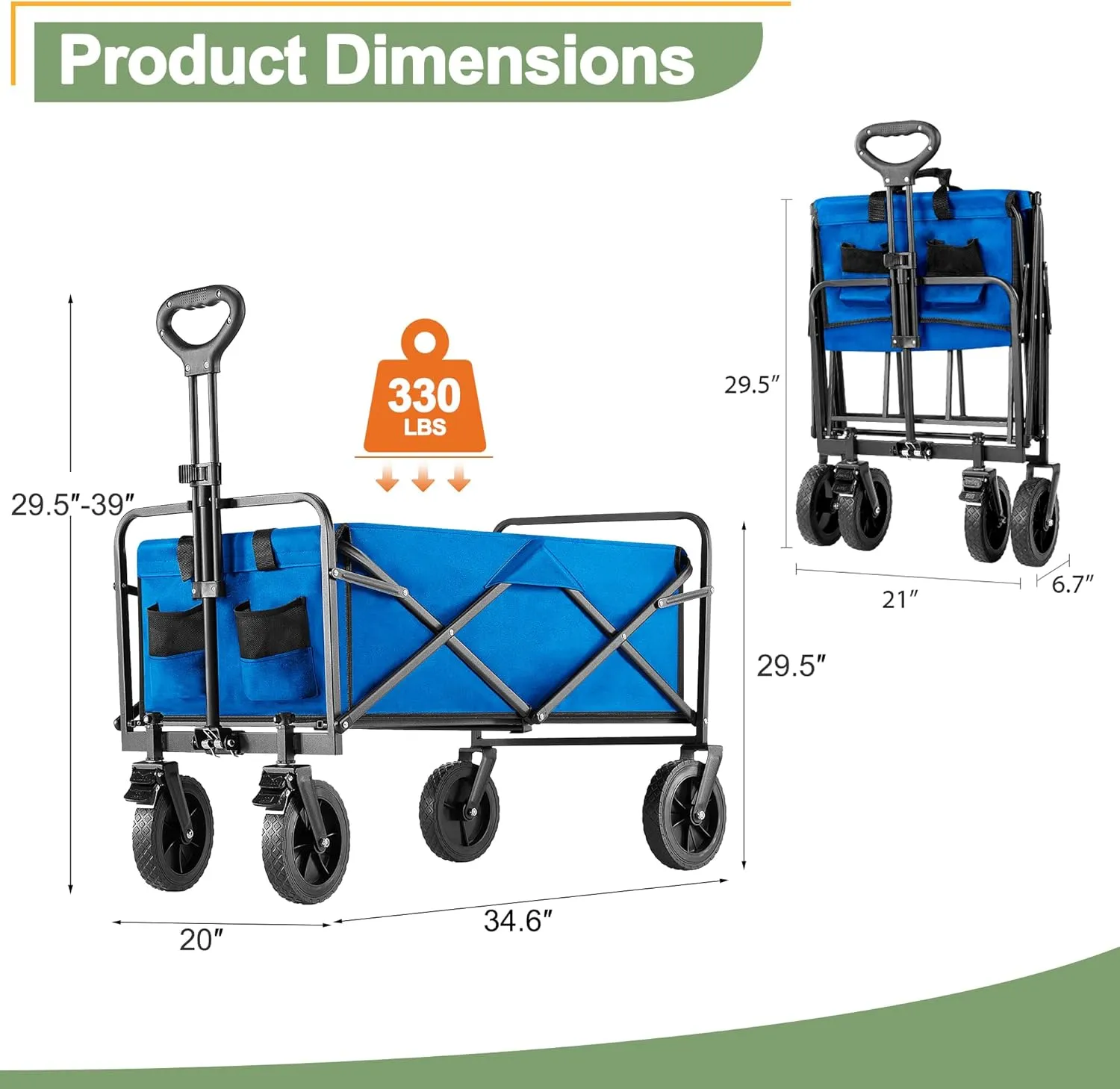 Collapsible Folding Wagon Cart with All-Terrain Wheels, Foldable Utility Cart with Adjustable Handle, Portable Grocery Shopping Cart on Wheels for Beach, Garden, Camping, Sports, Large Light Blue
