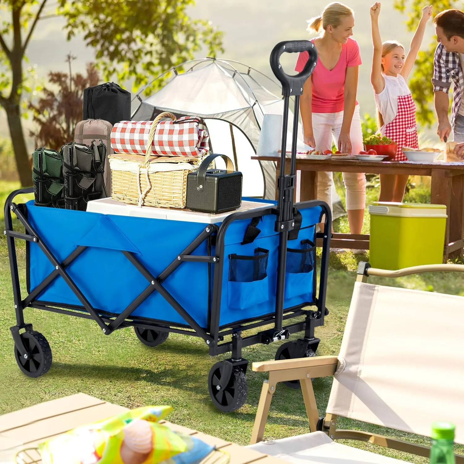 Collapsible Folding Wagon Cart with All-Terrain Wheels, Foldable Utility Cart with Adjustable Handle, Portable Grocery Shopping Cart on Wheels for Beach, Garden, Camping, Sports, Large Light Blue