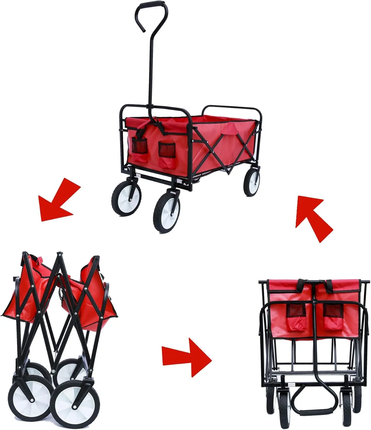 Collapsible Outdoor Utility Wagon with Cup Holder, Large Capacity Folding Garden Shopping Beach Wagon, Heavy Duty Foldable Cart for Outdoor Activities, Beaches, Parks, Camping (Red)