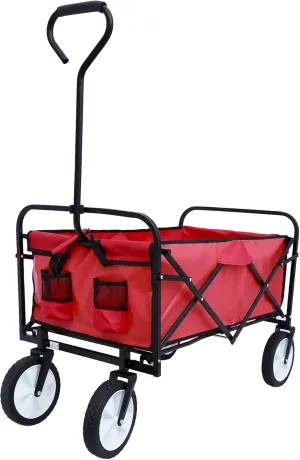 Collapsible Outdoor Utility Wagon with Cup Holder, Large Capacity Folding Garden Shopping Beach Wagon, Heavy Duty Foldable Cart for Outdoor Activities, Beaches, Parks, Camping (Red)