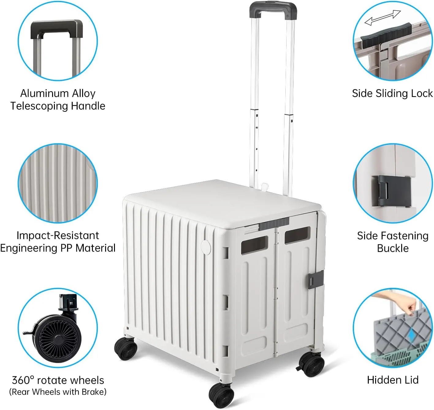 Collapsible Rolling Cart with Stair Climbing:Wheels Foldable Teacher Crate for Files Groceries & Trade Shows All-Terrain Office Cart with Lid Basket Handle & Durable Steel Frame