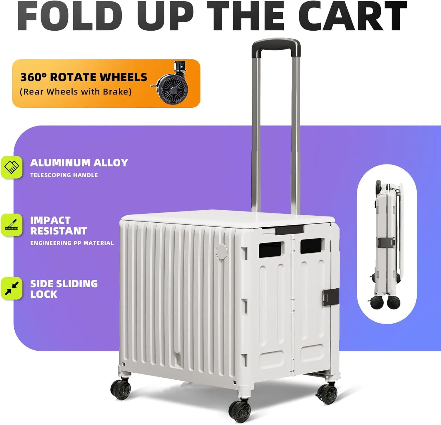 Collapsible Rolling Cart with Stair Climbing:Wheels Foldable Teacher Crate for Files Groceries & Trade Shows All-Terrain Office Cart with Lid Basket Handle & Durable Steel Frame