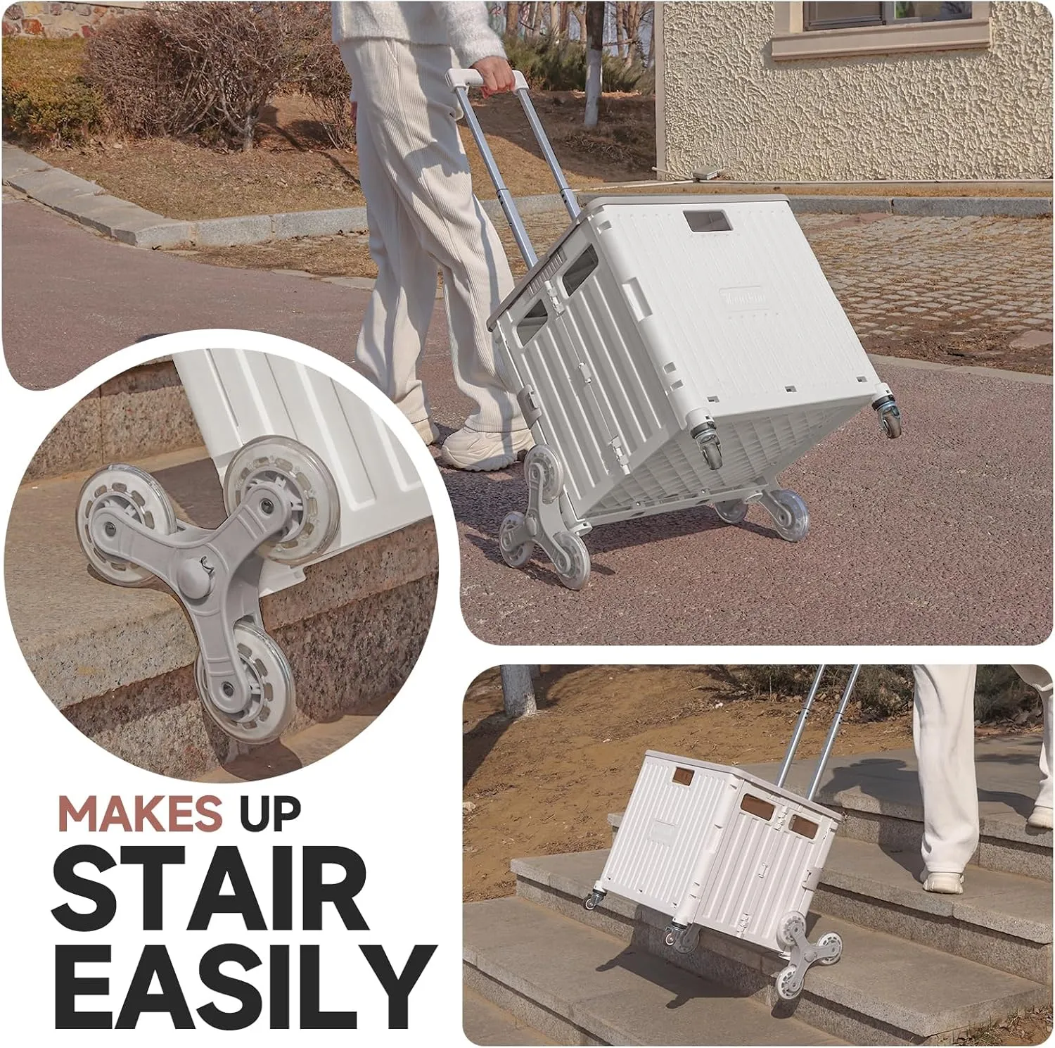 Collapsible Rolling Crate for Stair Climbing : Rolling Cart for Shopping Teacher Laundry (Milky White)