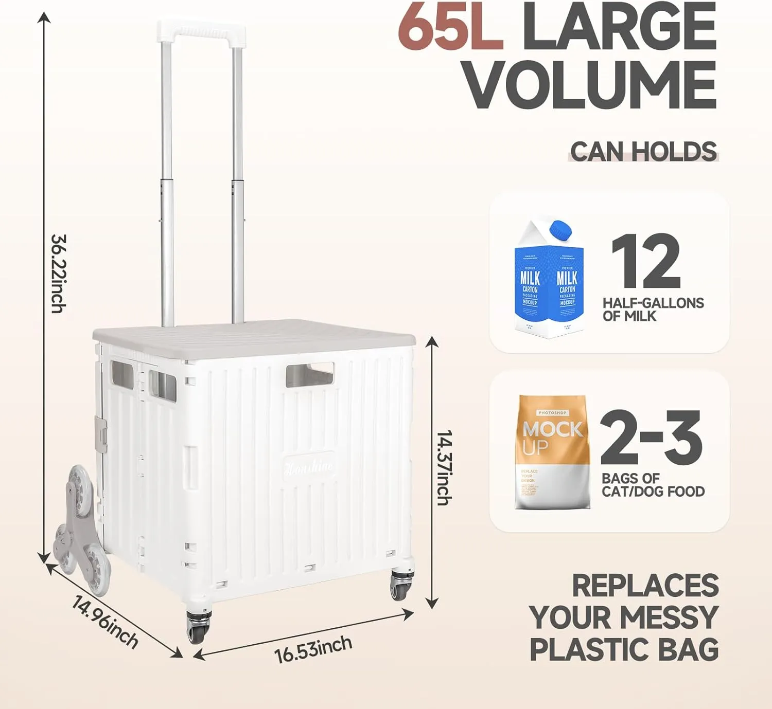 Collapsible Rolling Crate for Stair Climbing : Rolling Cart for Shopping Teacher Laundry (Milky White)