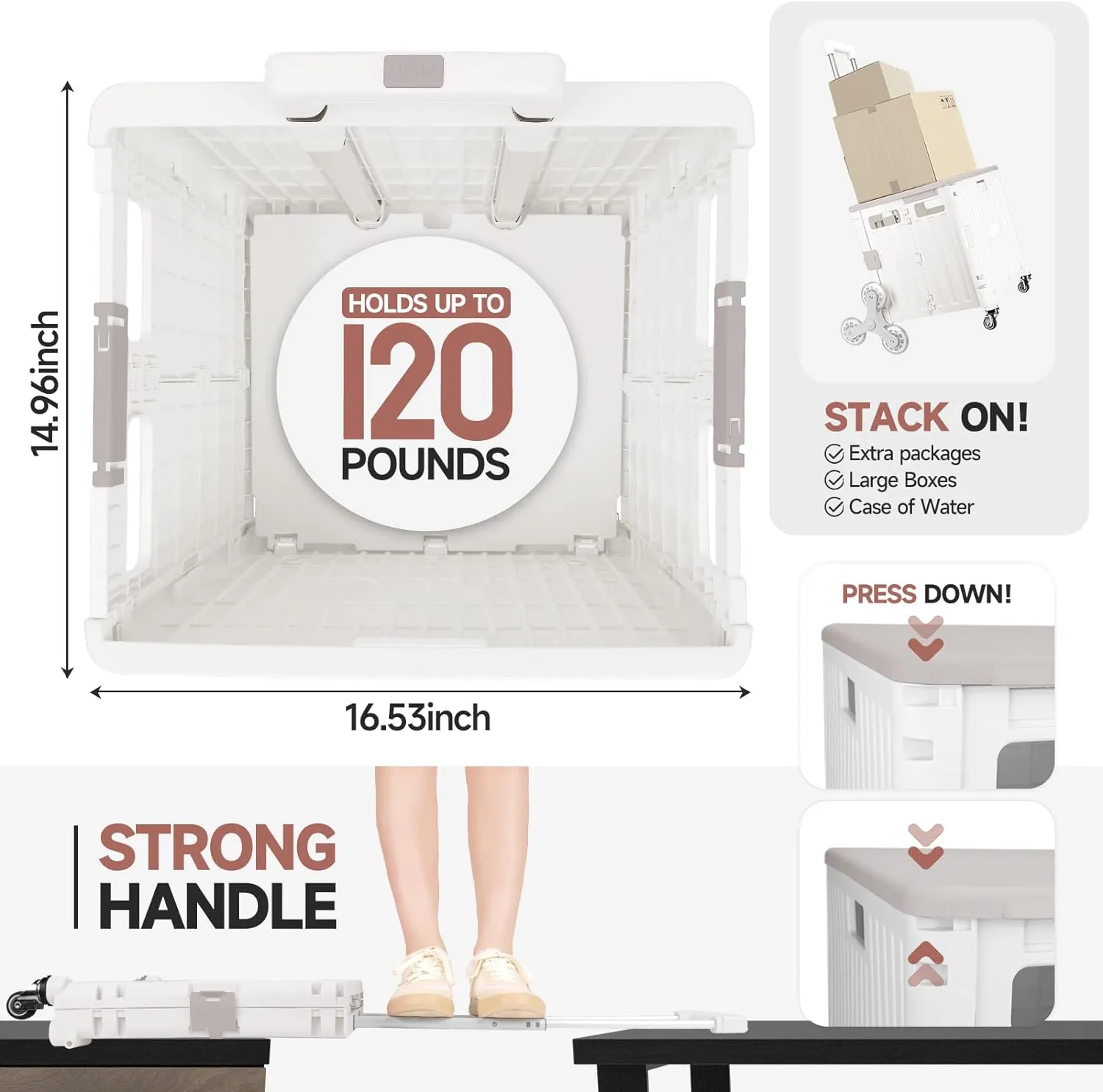 Collapsible Rolling Crate for Stair Climbing : Rolling Cart for Shopping Teacher Laundry (Milky White)