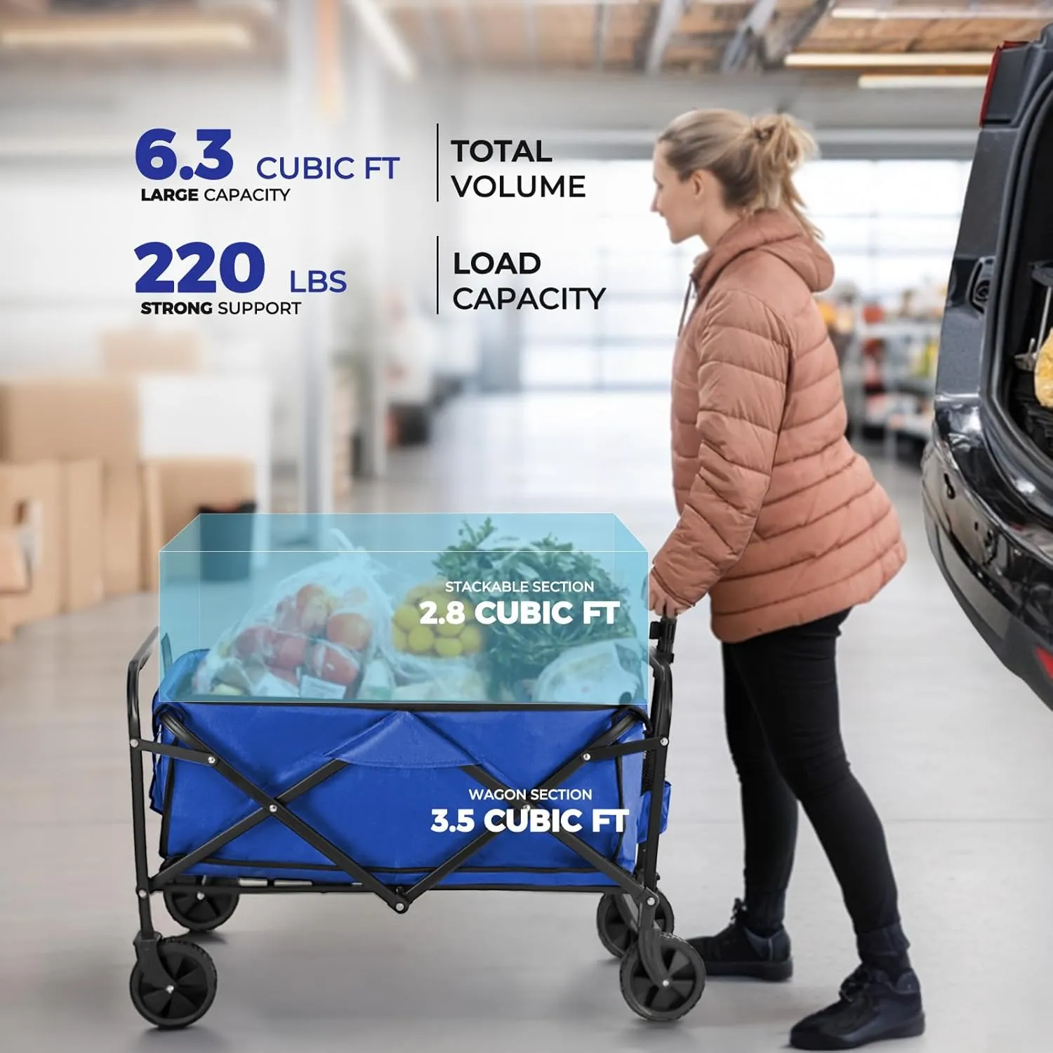 Collapsible Wagon 220 lbs, Heavy Duty Wagon Carts Foldable, Portable Wagons for Groceries, Beach Cart with All-Terrain Wheels & Drink Holders, Utility Wagons for Shopping, Sports, Camping, Blue
