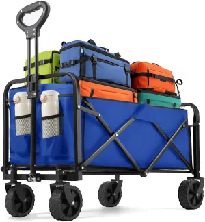 Collapsible Wagon 220 lbs, Heavy Duty Wagon Carts Foldable, Portable Wagons for Groceries, Beach Cart with All-Terrain Wheels & Drink Holders, Utility Wagons for Shopping, Sports, Camping, Blue