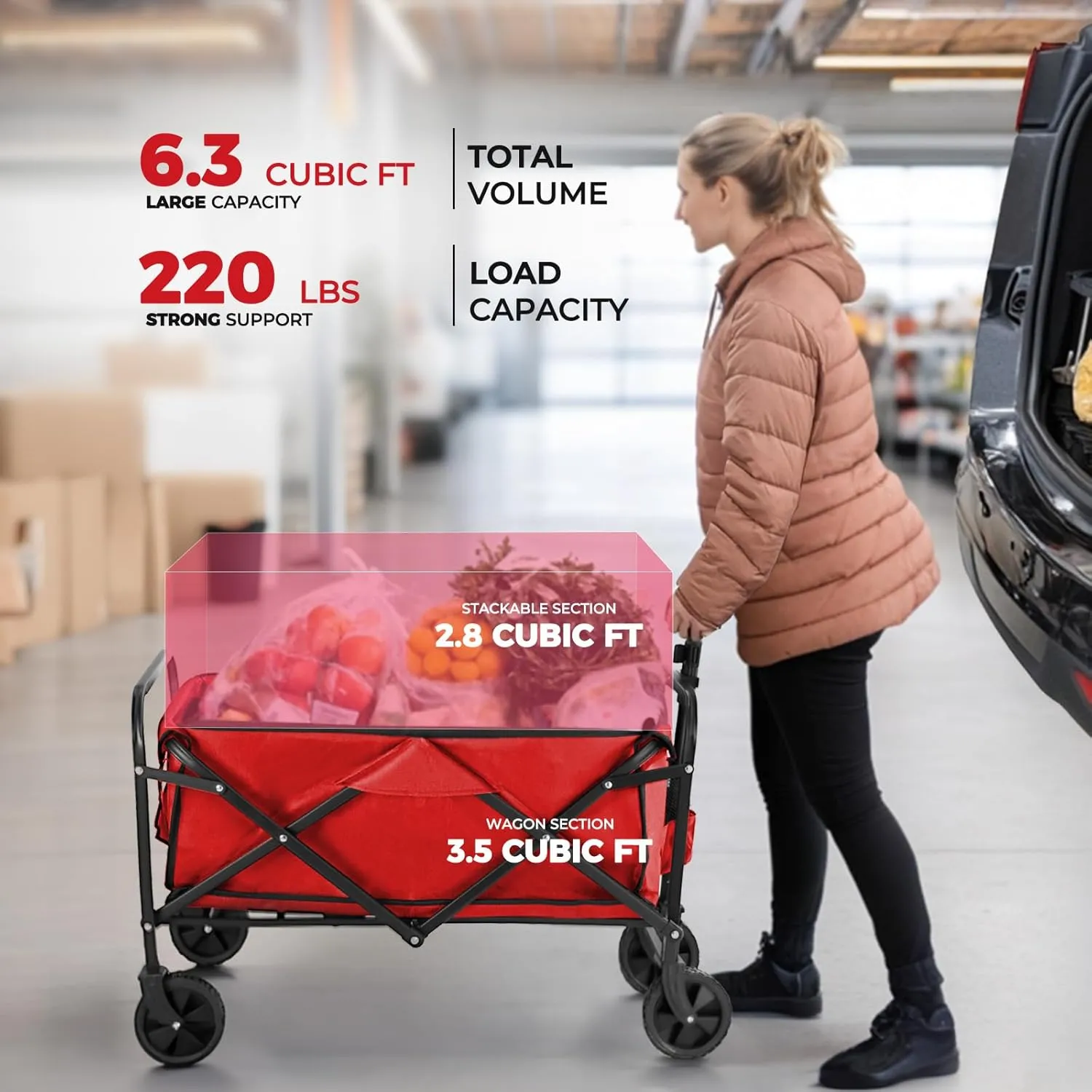 Collapsible Wagon 220 lbs, Heavy Duty Wagon Carts Foldable, Portable Wagons for Groceries, Beach Cart with All-Terrain Wheels & Drink Holders, Utility Wagons for Shopping, Sports, Camping, Red