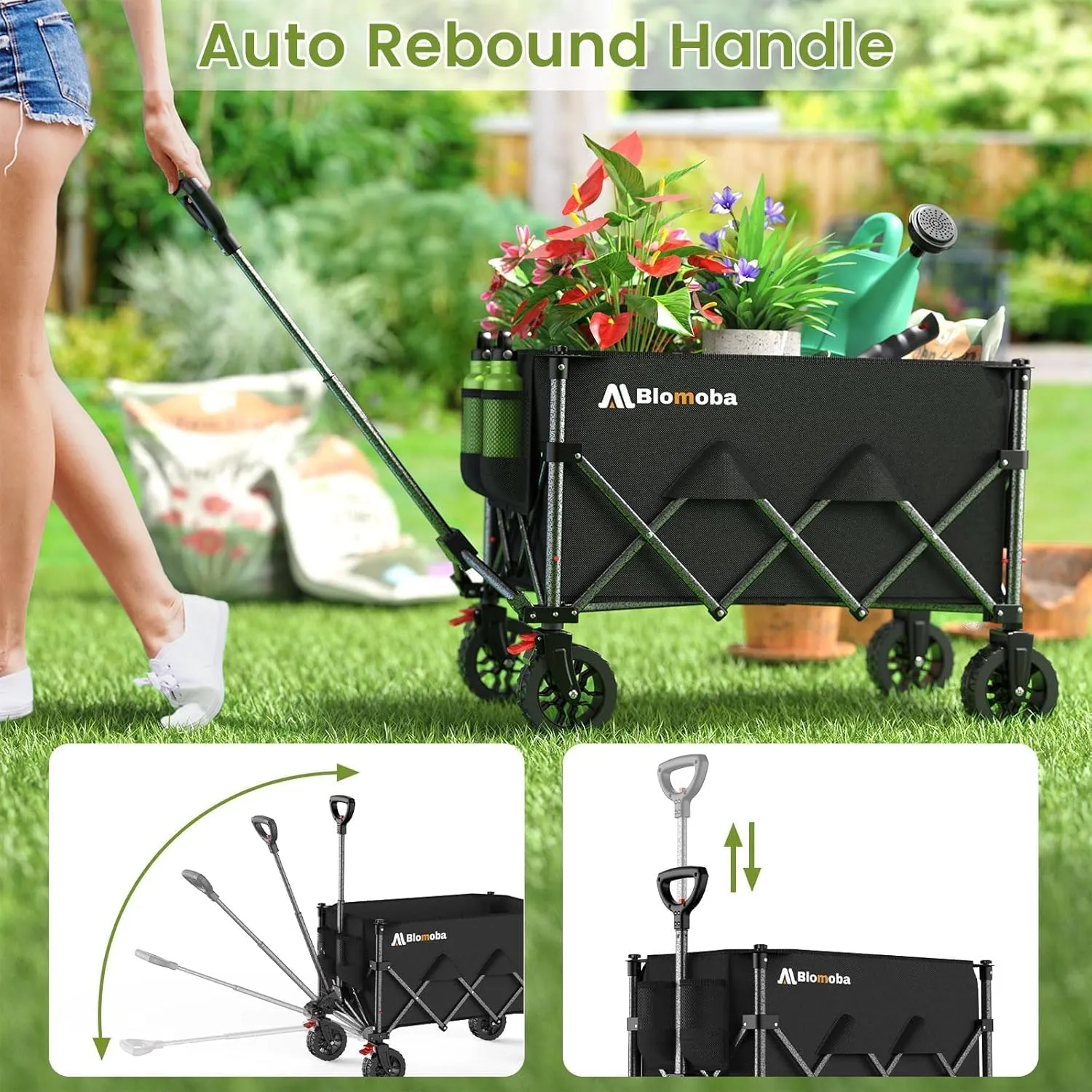 Collapsible Wagon Cart, 150L Heavy Duty Foldable Beach Wagon with Wider Wheels & Auto-Rebound Handle, Utility Grocery Shopping Cart for Garden, Shopping, Camping, Sports, Black
