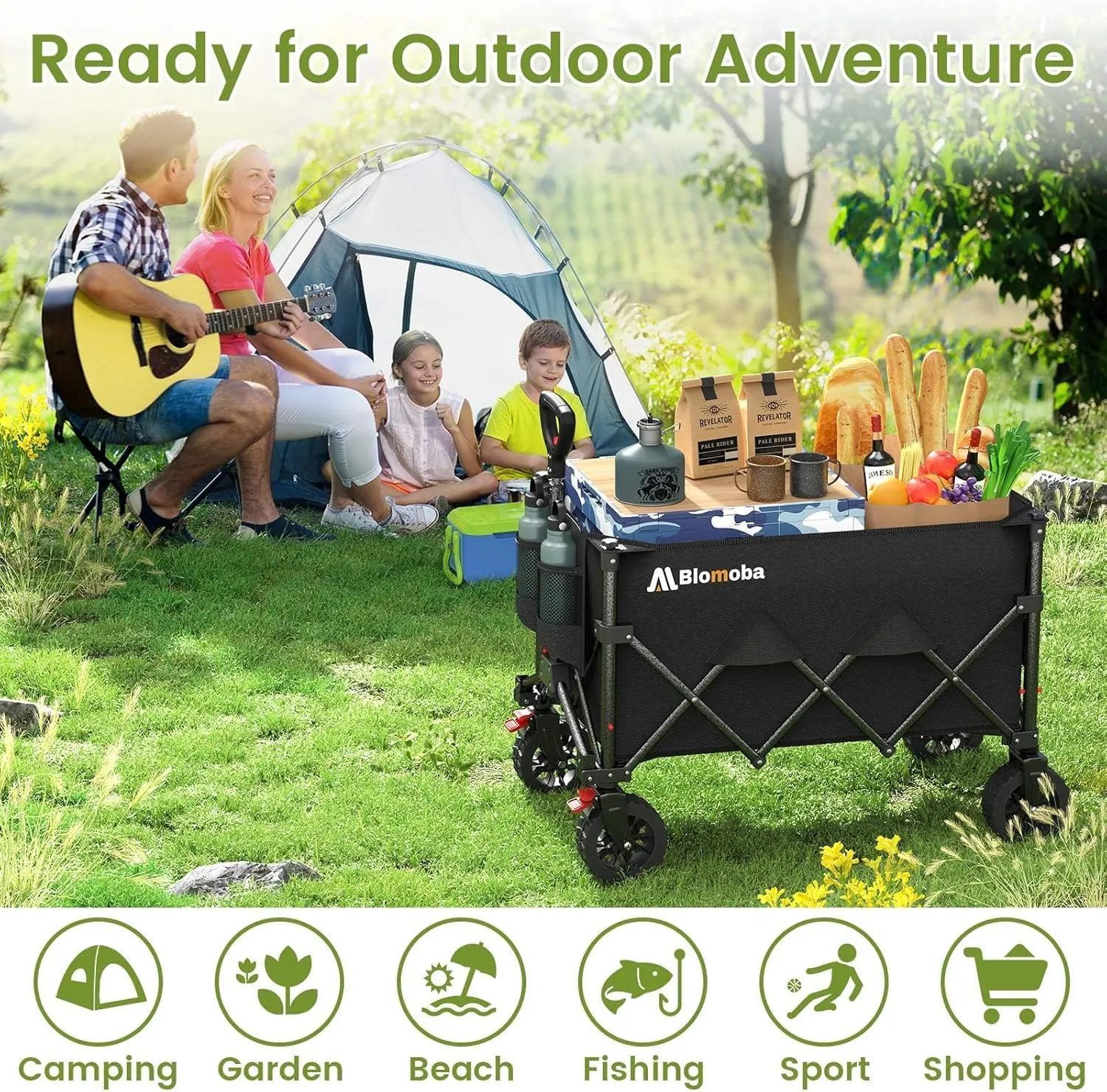 Collapsible Wagon Cart, 150L Heavy Duty Foldable Beach Wagon with Wider Wheels & Auto-Rebound Handle, Utility Grocery Shopping Cart for Garden, Shopping, Camping, Sports, Black