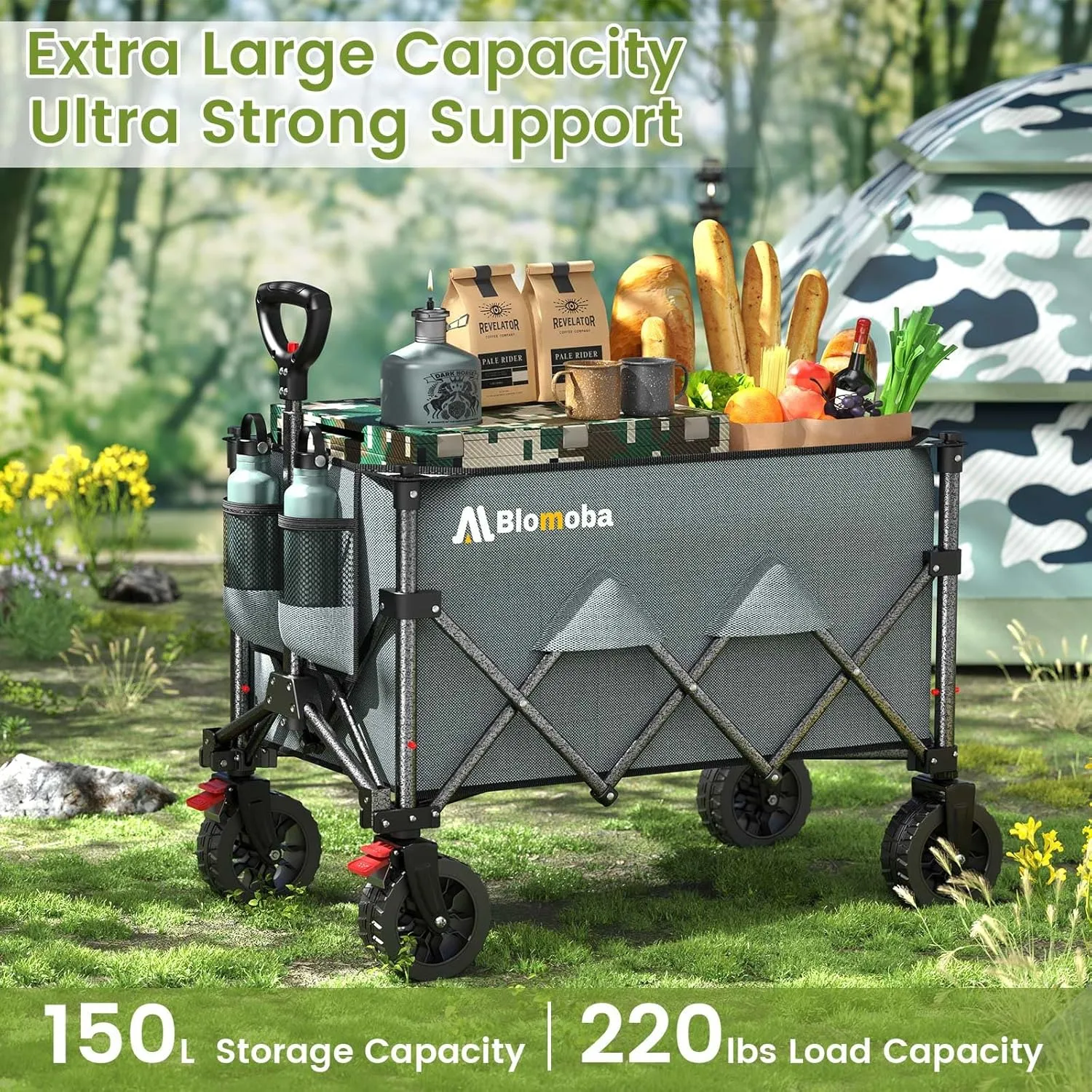 Collapsible Wagon Cart, 150L Heavy Duty Foldable Beach Wagon with Wider Wheels & Auto-Rebound Handle, Utility Grocery Shopping Cart for Garden, Shopping, Camping, Sports, Gray