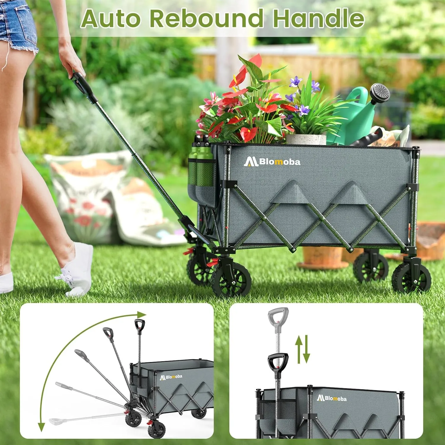 Collapsible Wagon Cart, 150L Heavy Duty Foldable Beach Wagon with Wider Wheels & Auto-Rebound Handle, Utility Grocery Shopping Cart for Garden, Shopping, Camping, Sports, Gray