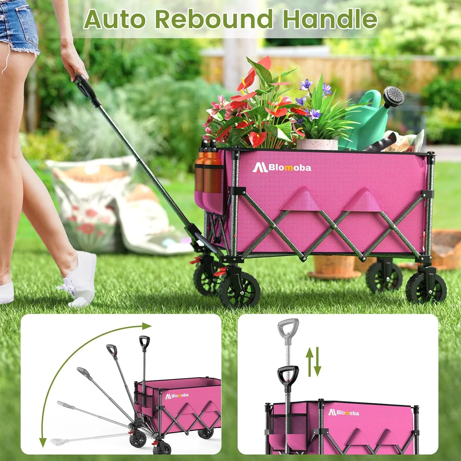 Collapsible Wagon Cart, 150L Heavy Duty Foldable Beach Wagon with Wider Wheels & Auto-Rebound Handle, Utility Grocery Shopping Cart for Garden, Shopping, Camping, Sports, Pink