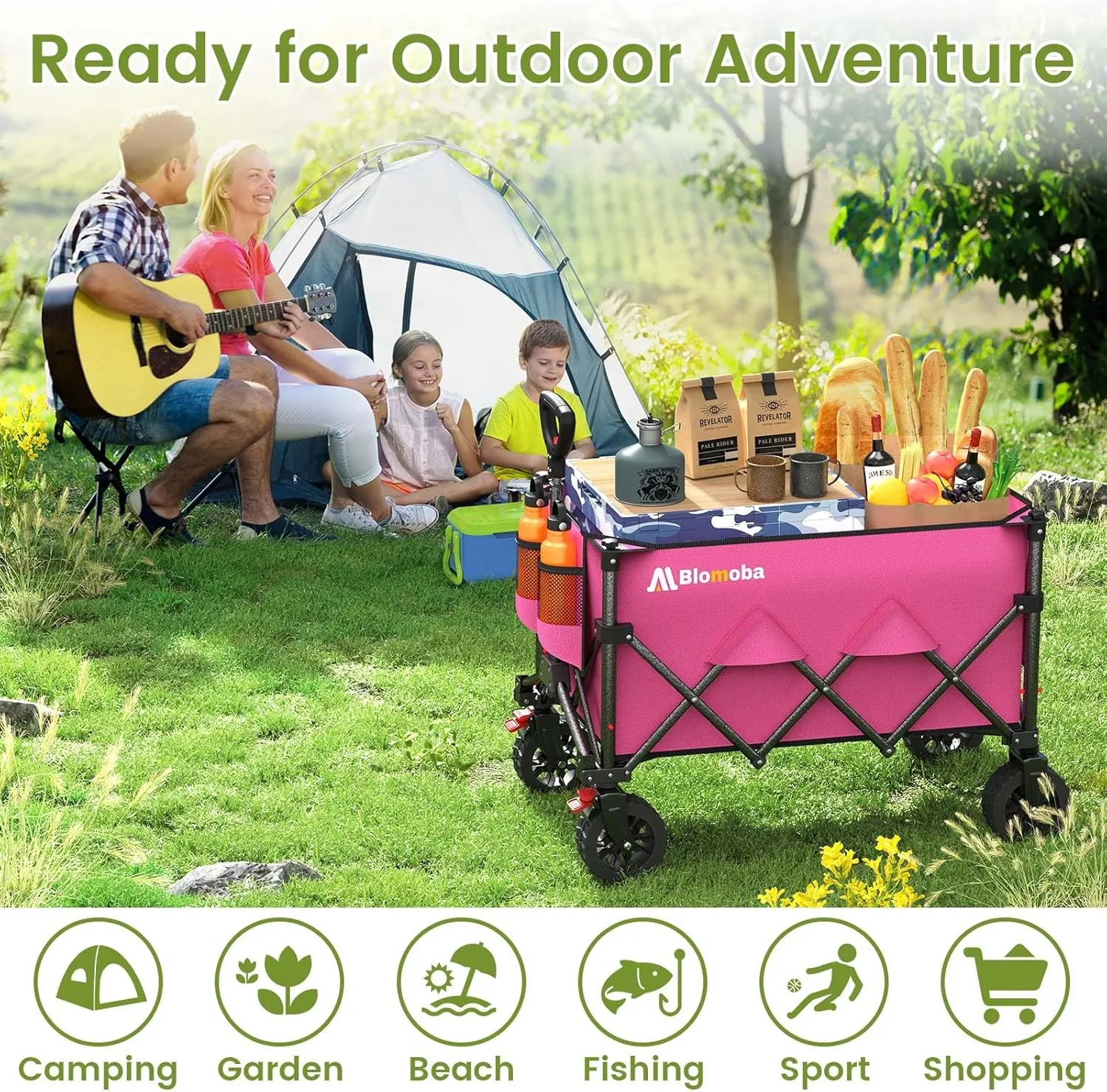 Collapsible Wagon Cart, 150L Heavy Duty Foldable Beach Wagon with Wider Wheels & Auto-Rebound Handle, Utility Grocery Shopping Cart for Garden, Shopping, Camping, Sports, Pink