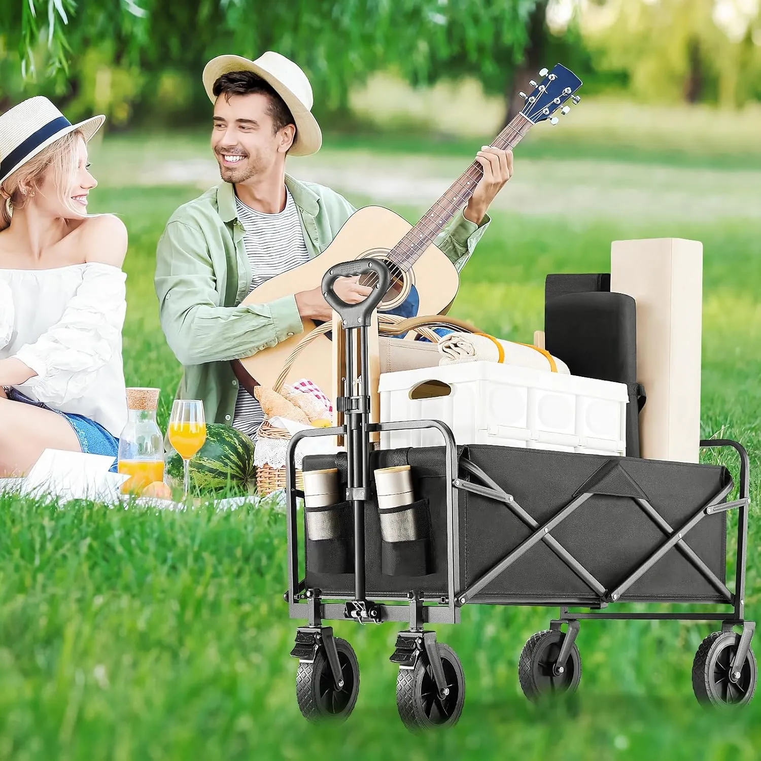 Collapsible Wagon Cart Foldable, 35" L Folding Beach Wagon with All-Terrain Wheels, Shopping Cart with 350lbs Capacity, Portable Camping Wagons Carts for Grocery Garden and Sports, Modern Black