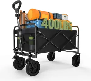 Collapsible Wagon Cart Foldable, 35" L Folding Beach Wagon with All-Terrain Wheels, Shopping Cart with 350lbs Capacity, Portable Camping Wagons Carts for Grocery Garden and Sports, Modern Black