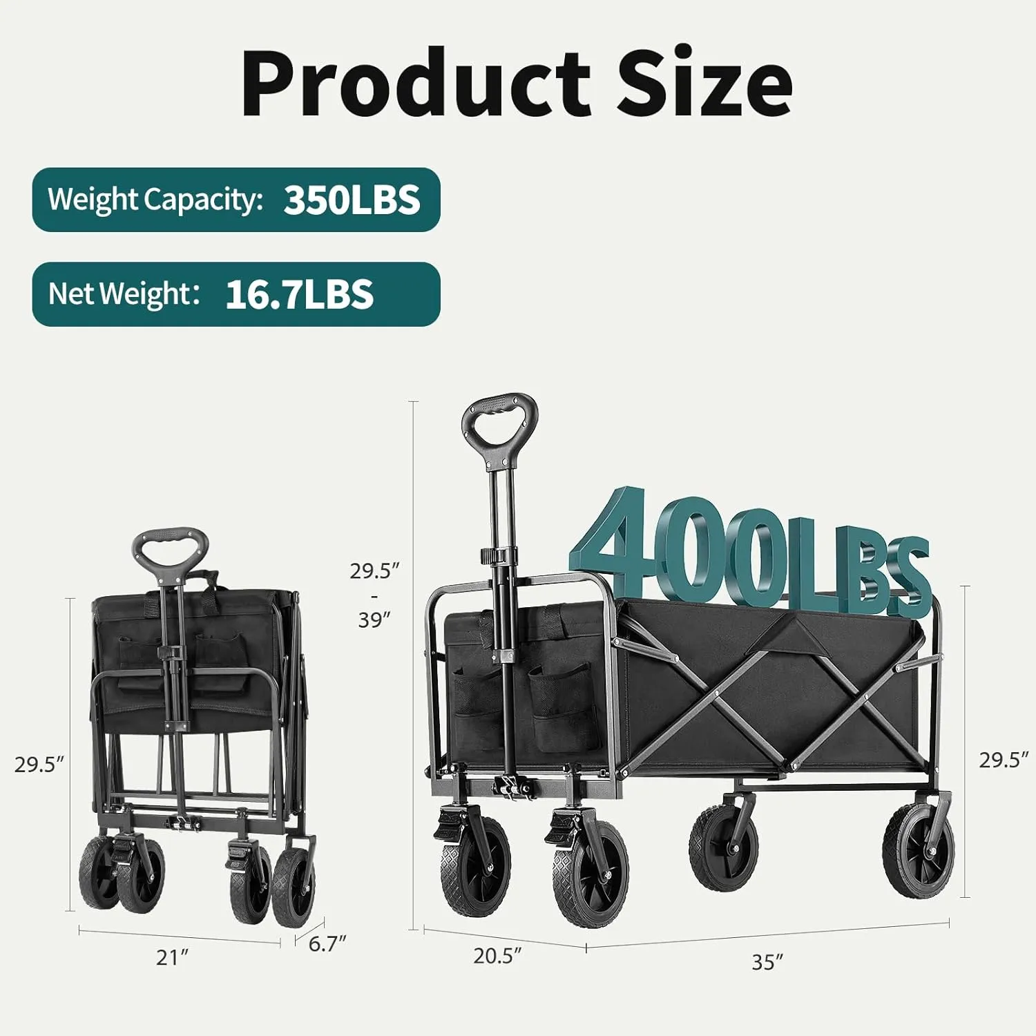 Collapsible Wagon Cart Foldable, 35" L Folding Beach Wagon with All-Terrain Wheels, Shopping Cart with 350lbs Capacity, Portable Camping Wagons Carts for Grocery Garden and Sports, Modern Black