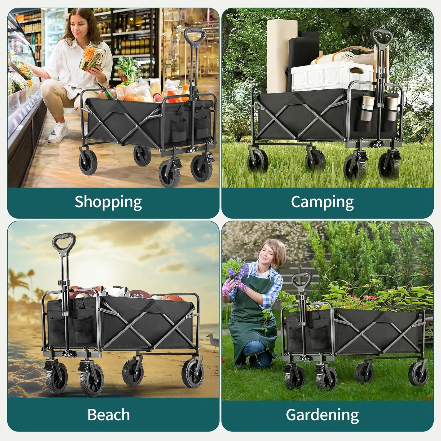 Collapsible Wagon Cart Foldable, 35" L Folding Beach Wagon with All-Terrain Wheels, Shopping Cart with 350lbs Capacity, Portable Camping Wagons Carts for Grocery Garden and Sports, Modern Black