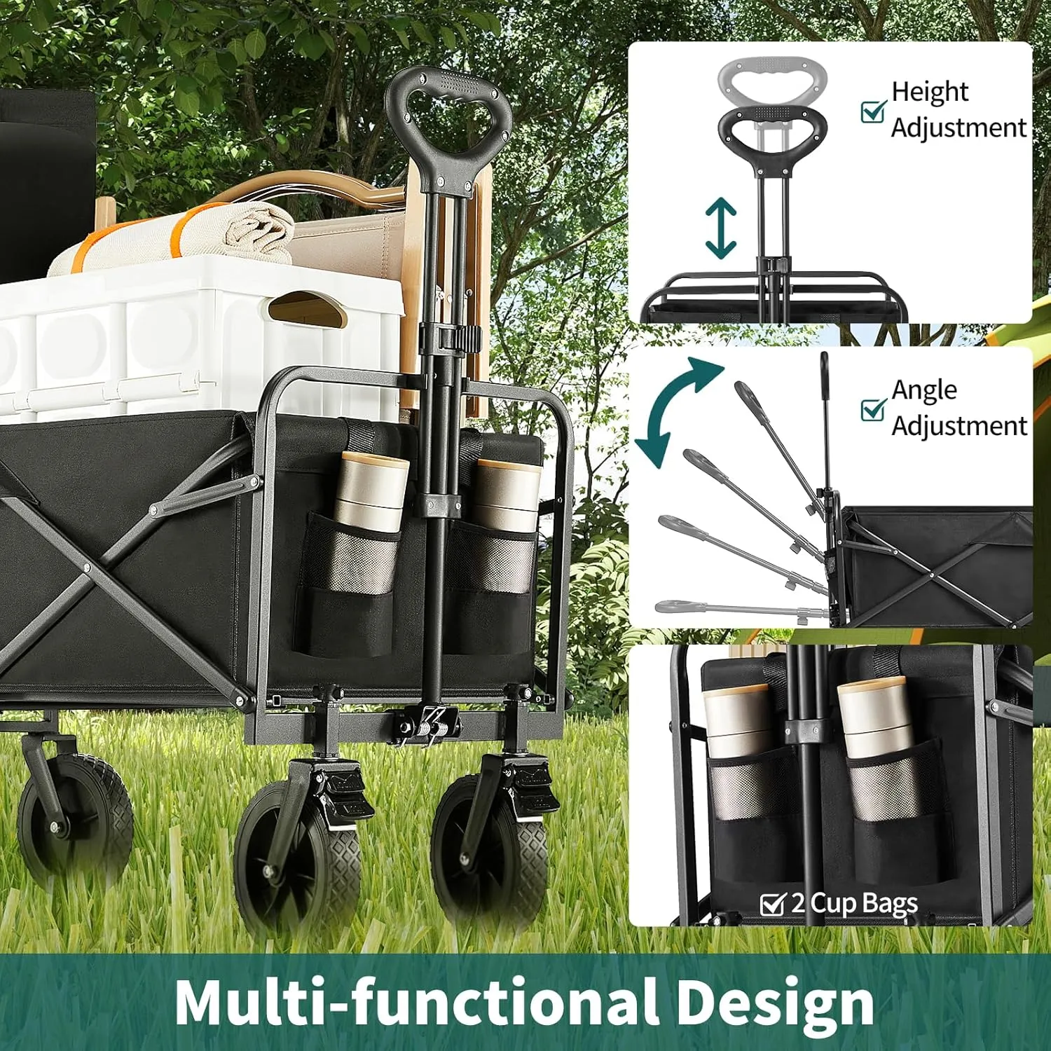 Collapsible Wagon Cart Foldable, 35" L Folding Beach Wagon with All-Terrain Wheels, Shopping Cart with 350lbs Capacity, Portable Camping Wagons Carts for Grocery Garden and Sports, Modern Black