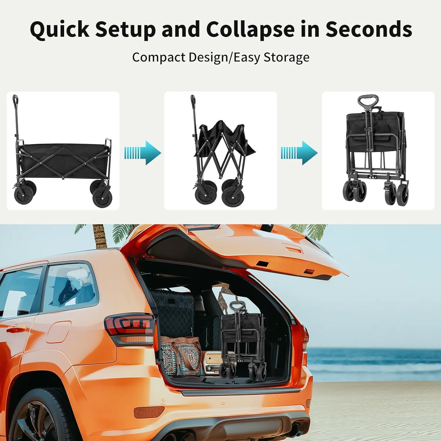 Collapsible Wagon Cart Foldable, 35" L Folding Beach Wagon with All-Terrain Wheels, Shopping Cart with 350lbs Capacity, Portable Camping Wagons Carts for Grocery Garden and Sports, Modern Black