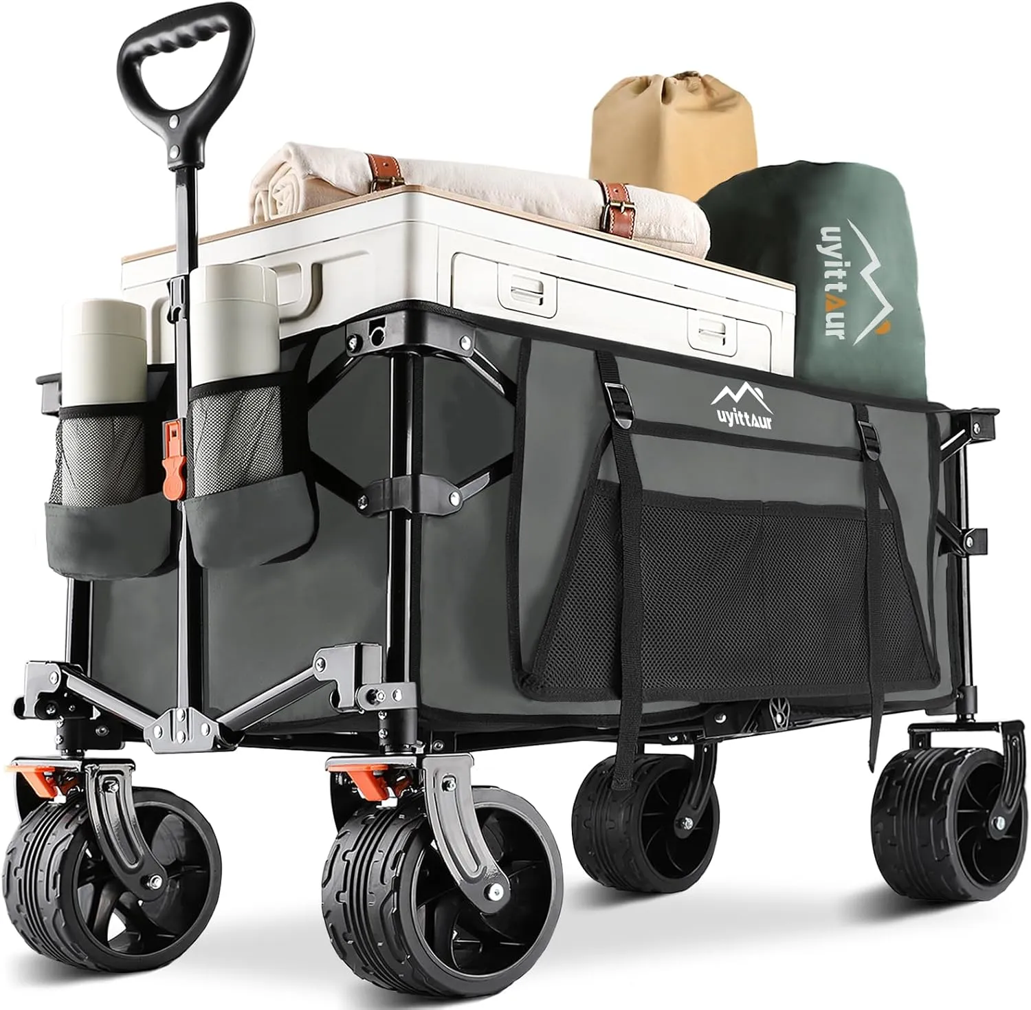 Collapsible Wagon Cart Heavy Duty Foldable, Folding Beach Wagon with Big Wheels for Sand, Utility Grocery Cart with Side Pocket and Brakes for Camping Sports Outdoor Activities, Grey