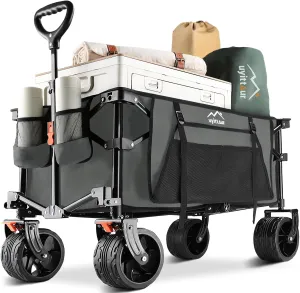 Collapsible Wagon Cart Heavy Duty Foldable, Folding Beach Wagon with Big Wheels for Sand, Utility Grocery Cart with Side Pocket and Brakes for Camping Sports Outdoor Activities, Grey