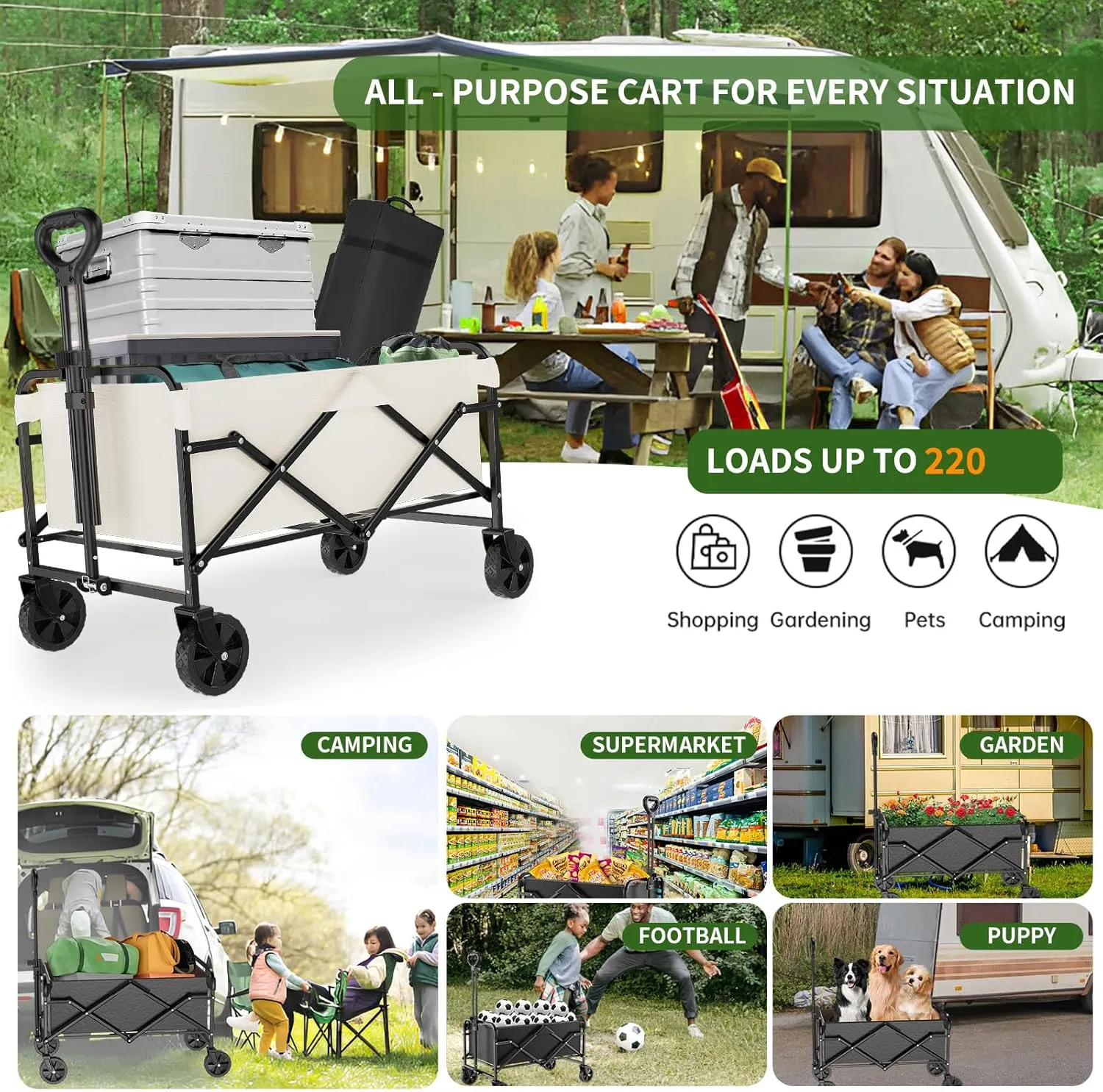 Collapsible Wagon Cart with 5" Removable 360° Swivel Wheels & Adjustable Handle, 220lbs Load Capacity, Dual Detachable Oxford Covers (White Black)， MDF Base, All-Terrain Portable Utility Cart